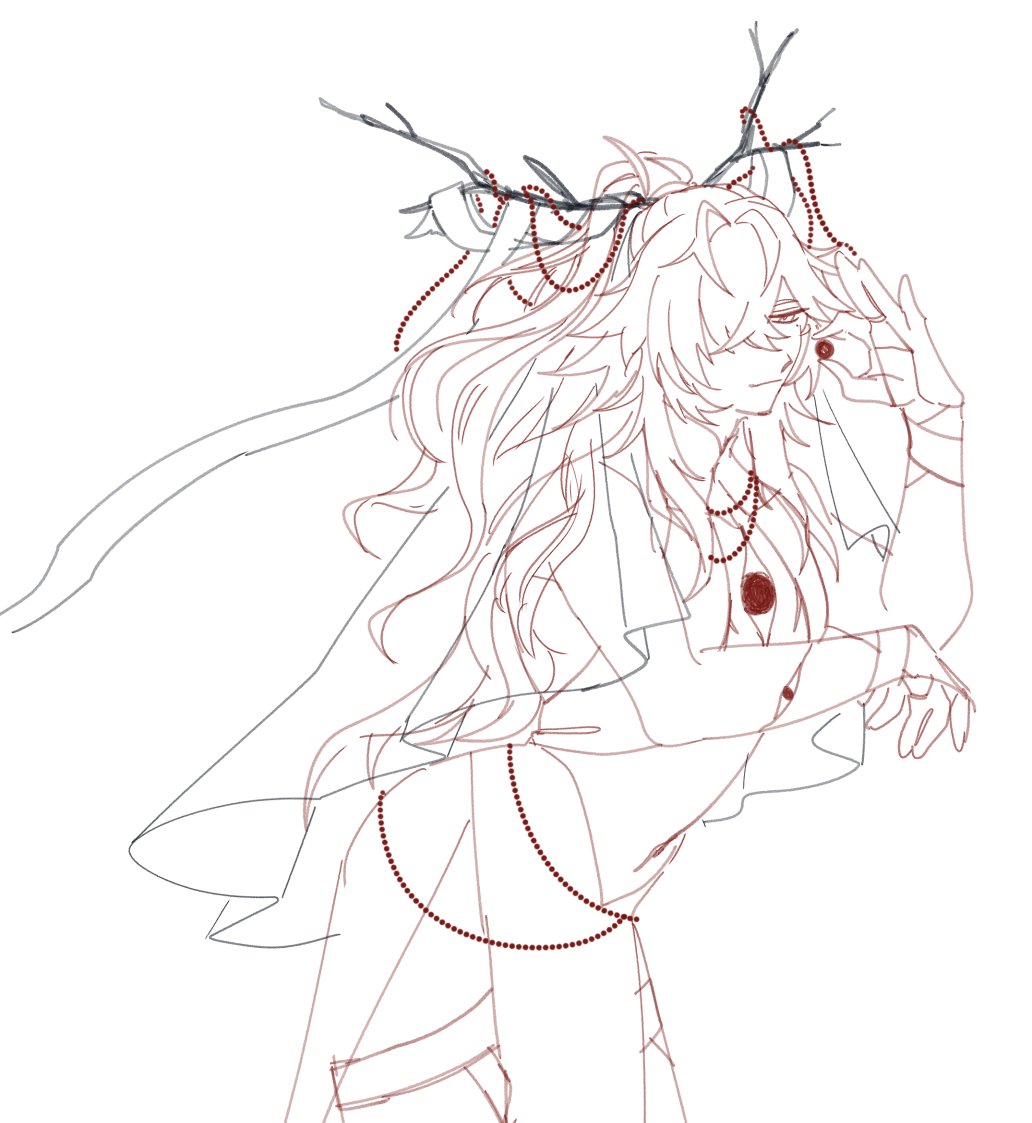 a line art drawing of a female anime character wearing a long white coat and adorned with antlers,  red beads, and a red necklace. she has long flowing hair.
