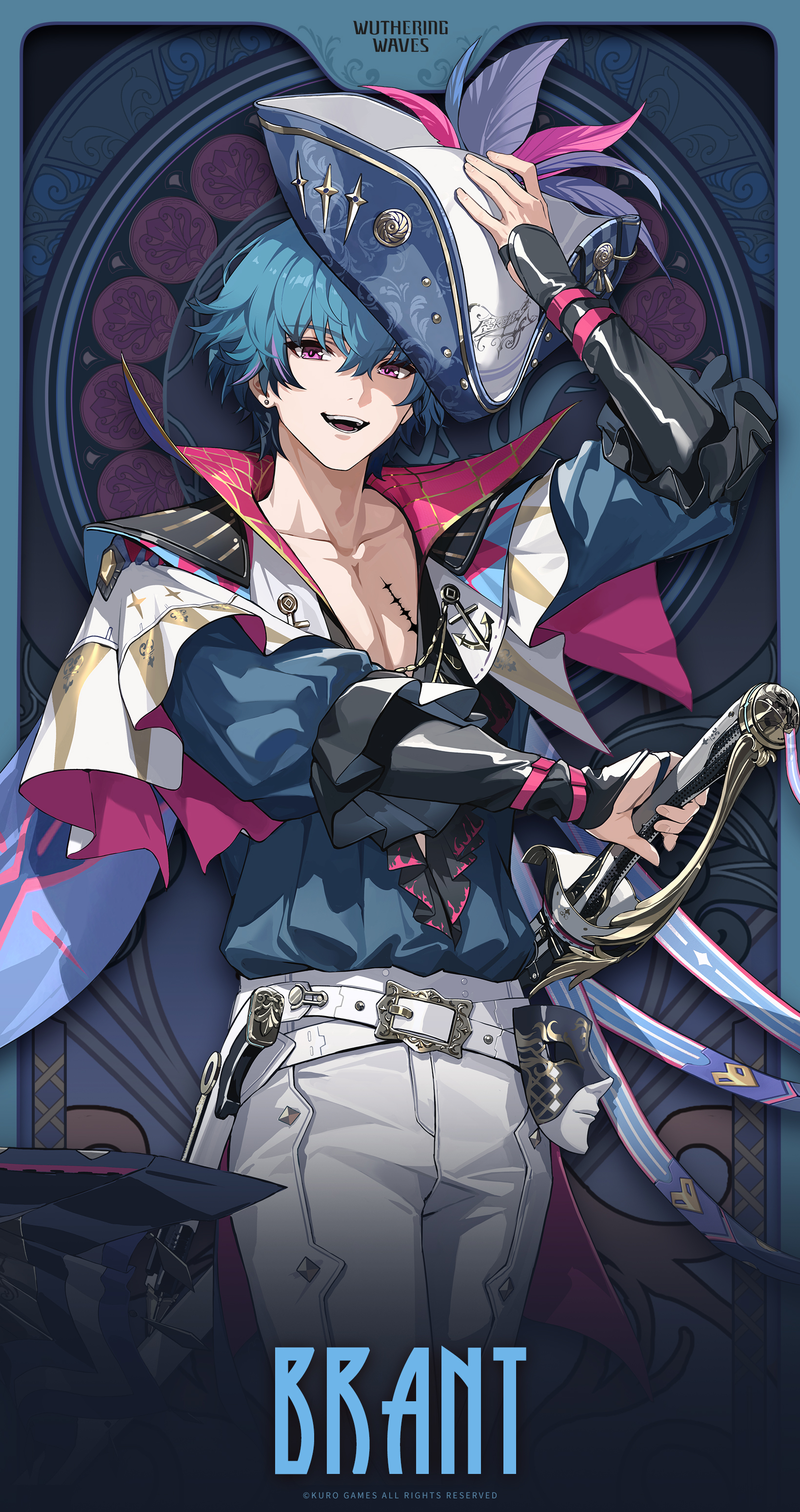 the image is a stylized portrait of brant, a character seemingly from the video game "withering waves". he is depicted in an animeinspired art style. brant has vibrant blue hair, wears a stylish pirateesque coat and white pants, and holds a sword.  he is adorned with various accessories, including a detailed hat with feathers and a mask that partially obscures his face. the background features an intricate art decoesque design with a dark blue and purple color palette that complements the character's clothing and hair. the overall presentation is very polished and suggests high quality digital artwork. the name "brant" is prominently displayed at the bottom.