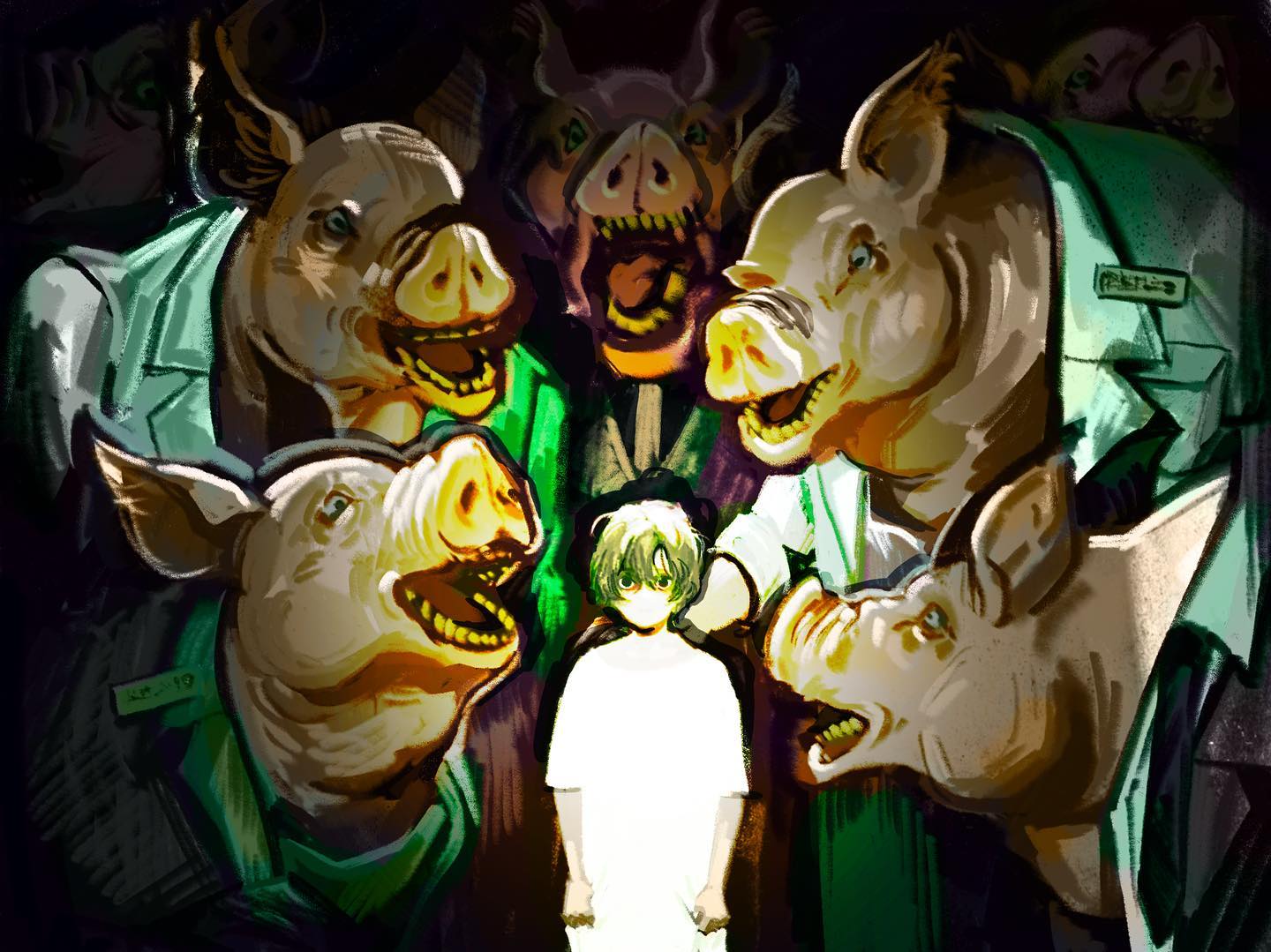 a young boy stands in the center of the image illuminated by a bright, white spotlight. surrounding him in the darkness are six horrifying pigs with sharp teeth and menacing grins. they wear green jackets, except for one on the far right that wears white.  their presence creates an atmosphere of fear and unease.