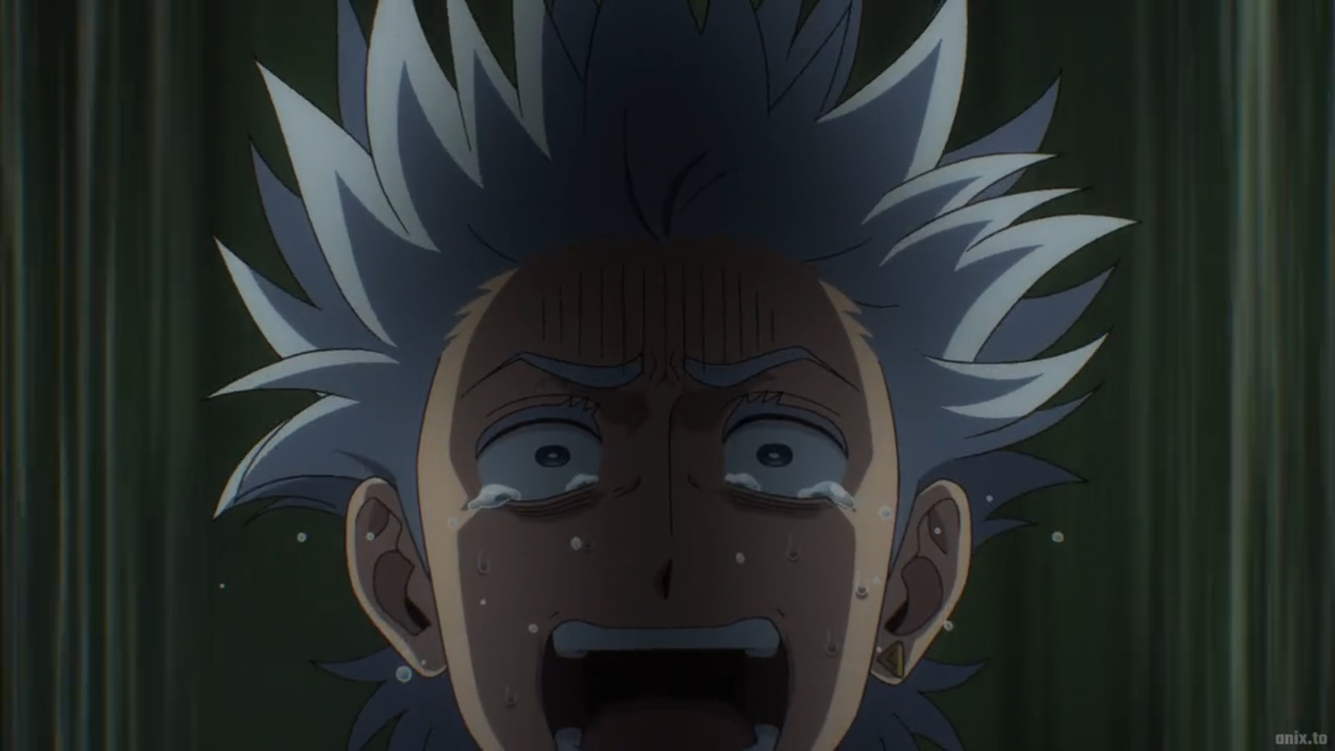 the image shows a closeup illustration of a young man with white hair crying with his mouth open in anguish against a dark green background. tears are streaming down his face. there is dramatic lighting on his face.