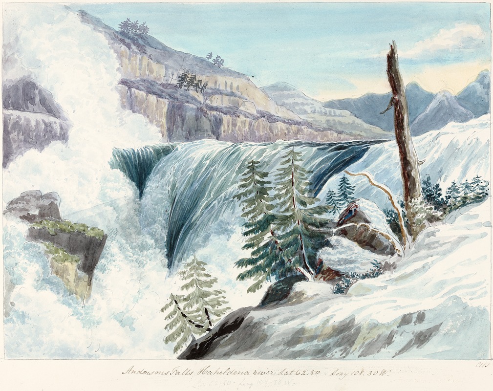 a 19thcentury watercolor painting depicts anderson's falls on the koaheltena river in a snowy landscape. a large waterfall cascades over rocky cliffs. mountains and trees form the backdrop. snow covers the foreground, with rocks and a dead tree trunk visible.