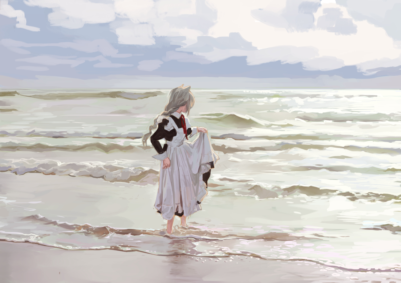 a painting of an anime girl in a maid outfit standing in the water at the beach. she is holding her dress up and looking out at the waves. the sky is cloudy.