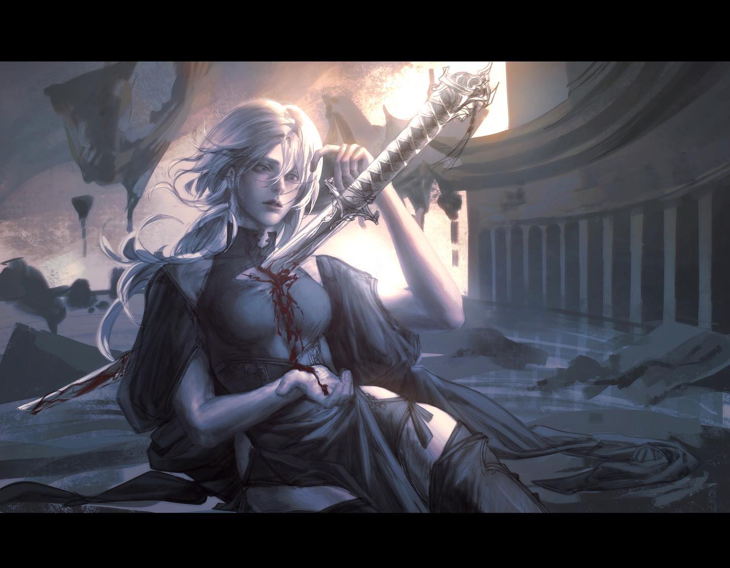 a digital illustration of a woman with long, white hair laying amongst the ruins of a temple. she has a large cut across her midriff, and blood stains her dress. the sun illuminates the scene from behind her, creating a halo effect around her figure. her expression is one of both pain and defiance.