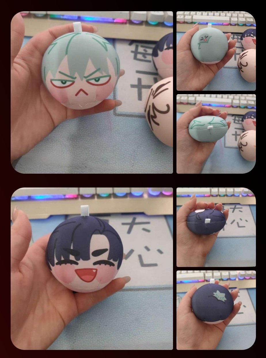 a collage of images showcasing different adorable anime chibi mochi plushes. each mochi is shaped like a human head with exaggerated features, including big eyes, small mouths, and rosy cheeks. the mochi are soft and squishy, making them perfect for cuddling or displaying. the images capture the mochi from various angles, highlighting their cute designs. the image is bright and colorful, with a focus on the mochi themselves.