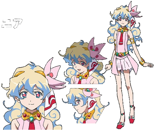 this image shows the character "nia" from the anime "shinsekai yori" (from the new world). she has long, blonde hair with blue highlights, and is wearing a pink dress with a white bow, and green jewelry. she has large, pink eyes with green pupils. she is shown in three different poses, all with a sweet and innocent expression.