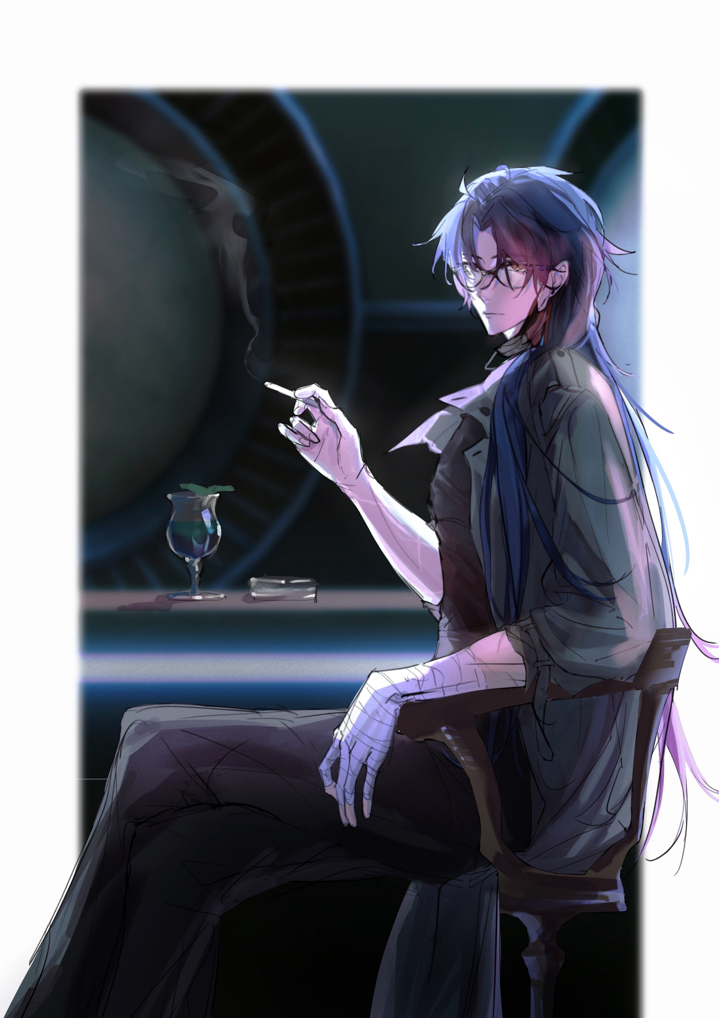 this digital art depicts a cool, mysterious anime man with blue and purple long hair, stylish black attire, and blackrimmed glasses sitting on a chair with a cigarette in his hand. the man is sitting in a dark and dimly lit room with a hint of blue and purple lighting. the artwork is drawn in a detailed, stylized manner with soft shading. the man’s expression is calm and contemplative, adding to the overall mysterious and captivating mood of the illustration.