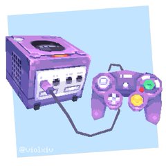 a pixel art image of a purple gamecube console and controller against a light purple background.