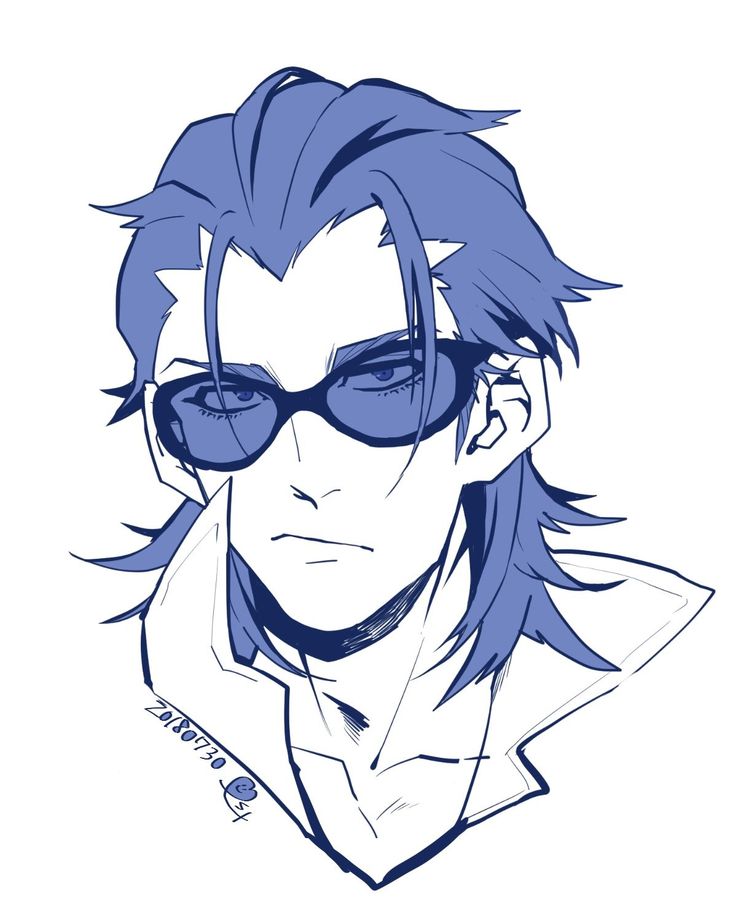 the image is a stylized illustration or drawing of a young male anime character. the character has shoulderlength blue hair, is wearing sunglasses, and has a somewhat serious or cool expression on their face. the drawing style is reminiscent of manga or anime art, with clean lines and shading used to create depth and form. the color palette is primarily blue, with varying shades used to give the illustration a sense of depth. the character is depicted from the shoulders up, and their clothing consists of a collar or jacket of some kind.  the background is simple and leaves the focus completely on the character.  there's a small artist signature or watermark visible in the lower left corner.