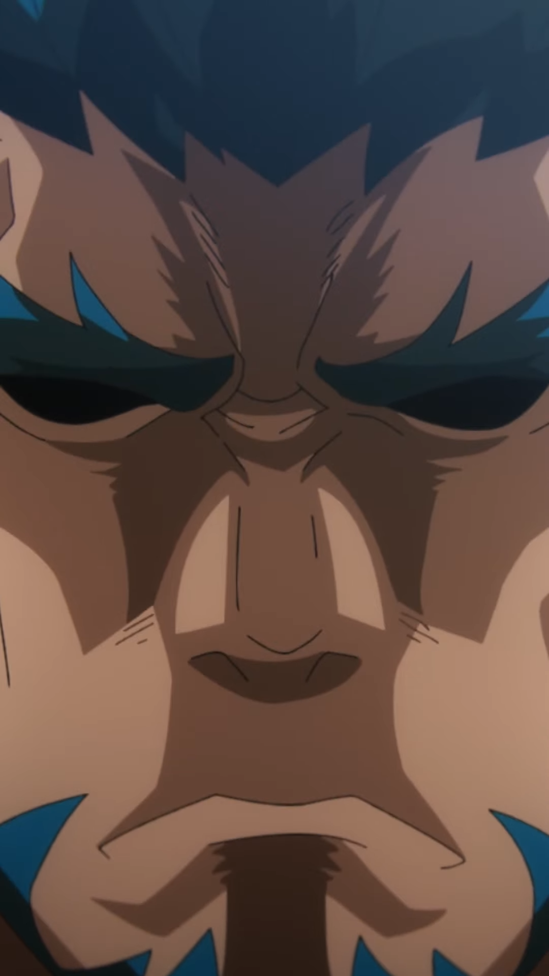 a closeup shot of an anime character's face. the character is a man with blue hair, sharp blue eyebrows, and stubble. he has a serious and determined expression on his face.  the lighting is artificial and the image is a closeup perspective.