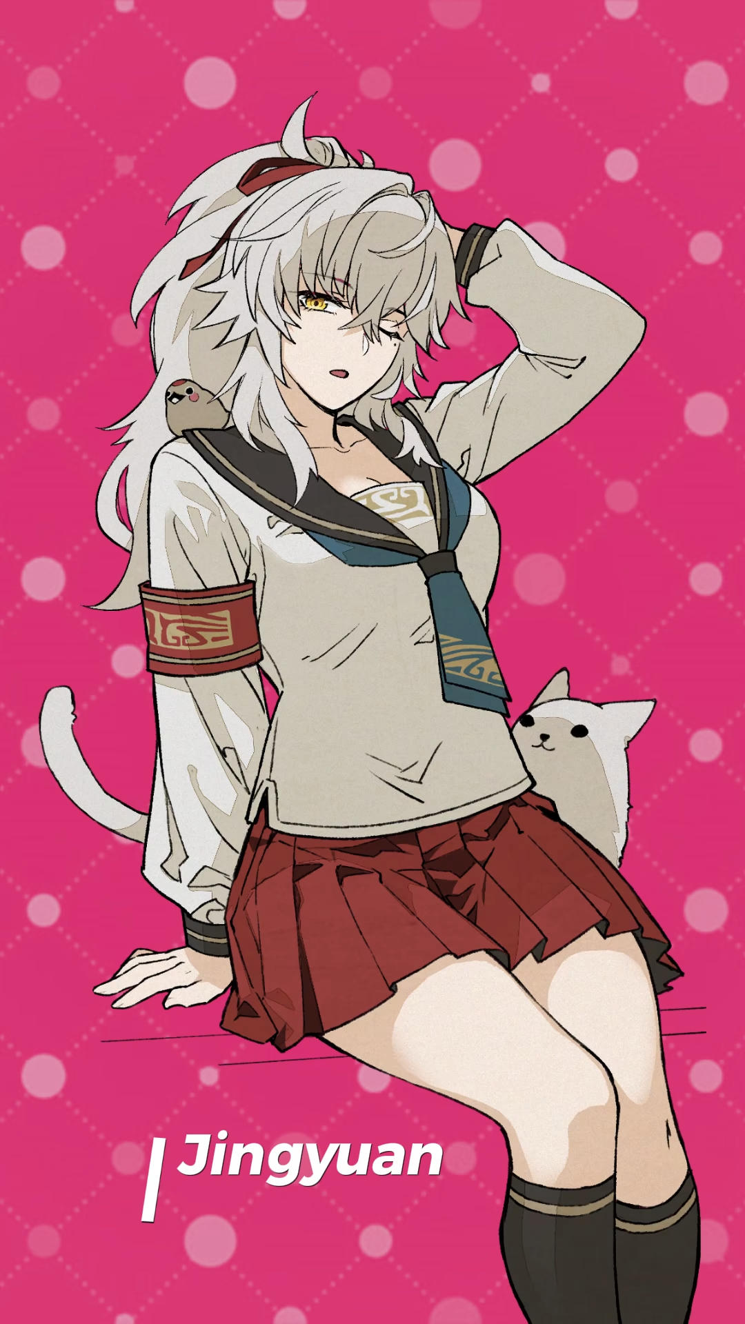 a digital fanart illustration of jingyuan from honkai: star rail. she is depicted as a young woman with long, flowing white hair, wearing a school uniform consisting of a white sailorstyle shirt, a dark red pleated skirt, and dark socks with lightbrown stripes near the top. she is sitting down, one hand resting on the surface behind her, her other hand holding her hair, and has a relaxed expression. two small animals, a cat and a bird, are near her. the background is a bright pink color with a subtle polka dot pattern. the name "jingyuan" is written in a stylish font on the bottom of the image. the overall style is a mix of anime and manga aesthetics.