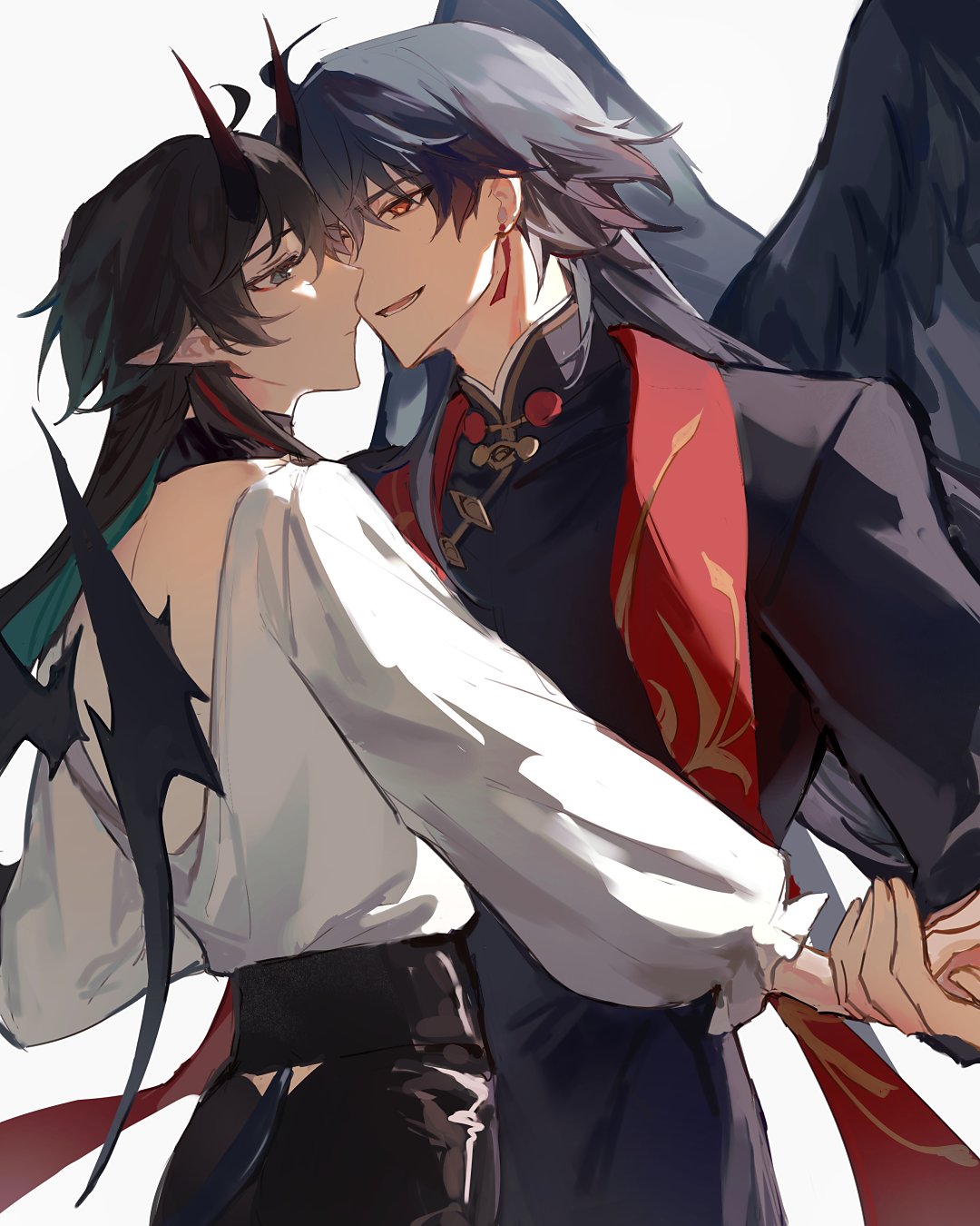 this illustration depicts two men in a loving embrace. one of the men has dark wings and is dressed in a black and red outfit while the other is wearing a white shirt and pants. they are both smiling, and they appear to be deeply in love. this image is suggestive of a romantic relationship between two men and the concept of love and affection. the dark and light contrast in their attire and the presence of wings and horns suggest that this is a fantasythemed illustration. overall, it's a beautiful and heartwarming depiction of love and happiness.