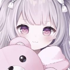 the image is a digital drawing of a young anime girl with long, silverpurple hair and large, expressive purple eyes. she has a soft smile and is holding a pink teddy bear with black eyes and a black nose. the drawing is done in a cute and pastel aesthetic, with soft lighting and a closeup perspective.