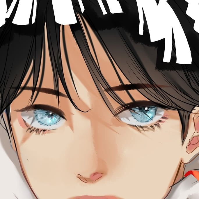 the image is a closeup digital painting or illustration of an anime or mangastyle male character.  he has dark, slightly messy hair with bangs covering part of his forehead. his eyes are a striking light blue and are the focal point of the image. the style is semirealistic with detailed features and soft shading, blending elements of anime and a more painterly approach. the character appears youthful and has a calm, possibly slightly pensive, expression. a portion of a stylized graphic element resembling black and white text or marks is visible above his head. the background is indistinct and partially shows some white, suggesting a background element like clothing or bedding.