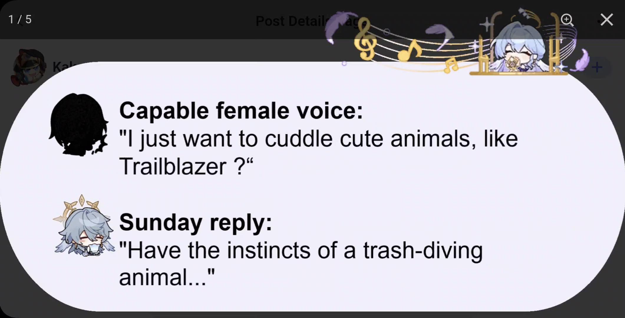 the image is a screenshot of a social media post or online forum. it shows a humorous contrast between a seemingly innocent statement from a "capable female voice" expressing a desire to cuddle cute animals, including the trailblazer character, and a sarcastic sunday reply revealing a contrasting, lessthanideal character trait—the instincts of a trashdiving animal.  the post is visually enhanced with cartoonlike character images, musical notes, and a whimsical design aesthetic.  the overall tone is lighthearted and comedic.
