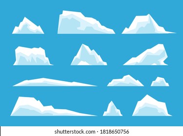 the image shows ten different vector illustrations of icebergs, all in white and set against a blue background.
