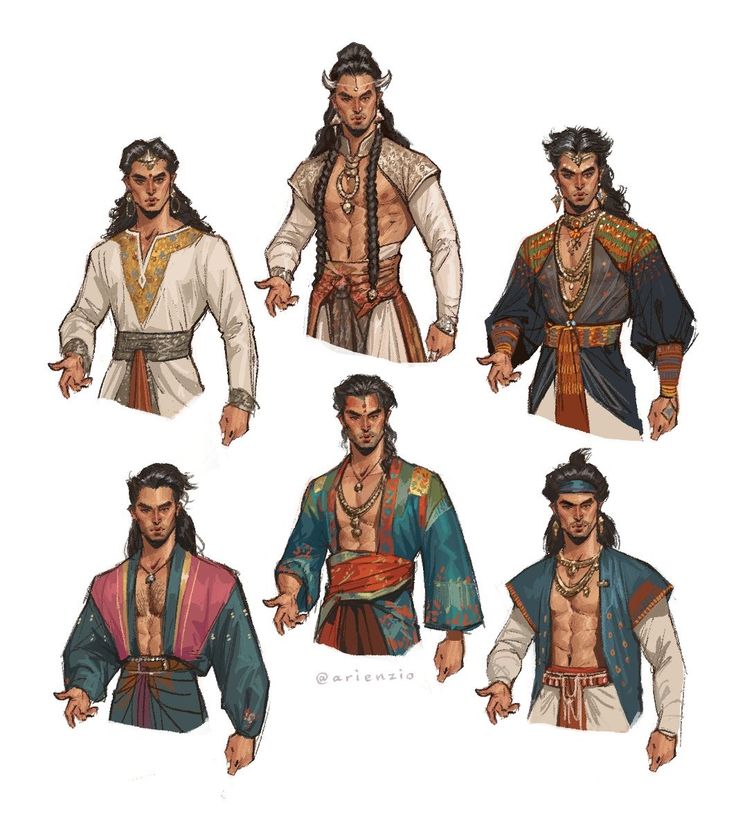this is a digital drawing of six men in different styles of indian and arabian clothing. each man is in a unique outfit, with different accessories and hairstyles.  the image is a colorful and diverse illustration of different styles of clothing.