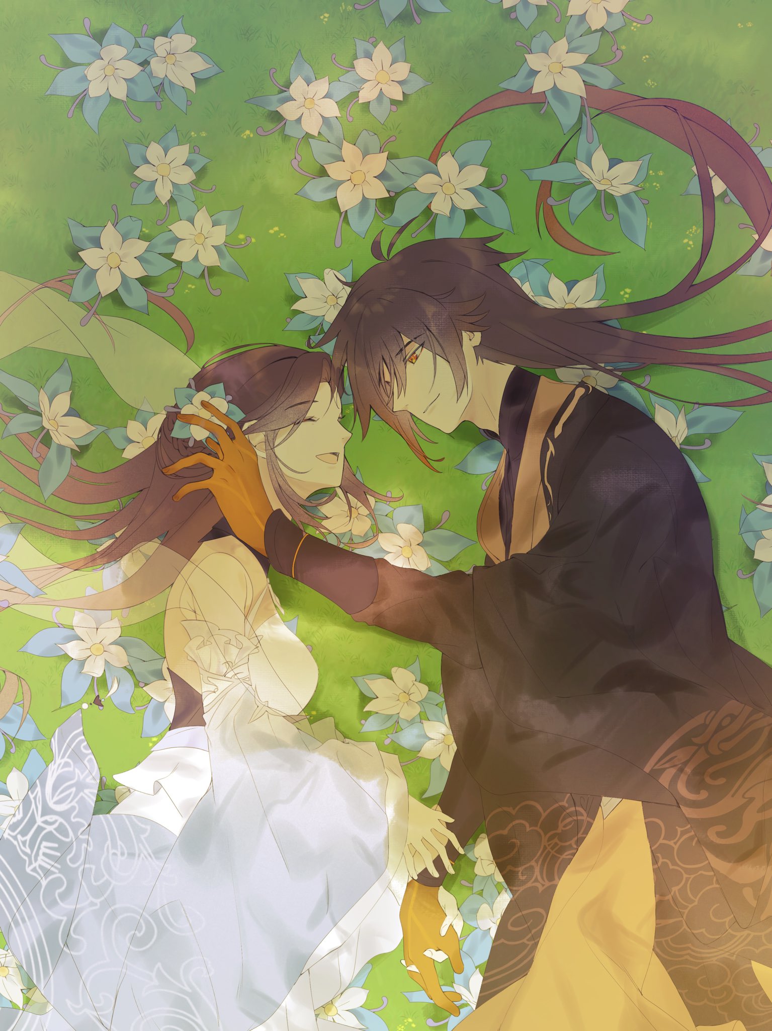 this is a digital art illustration of a couple in a field of white flowers. the woman is laying on the grass, in a white dress with a long purple flowy hair. the man is laying on top of the woman, while wearing a black outfit with gold embellishments. the couple is looking at each other with a loving gaze, creating a romantic and peaceful scene. the background is a lush green field with white flowers blooming all around. the colors of the scene are soft and pastel, making the overall atmosphere dreamy and romantic.