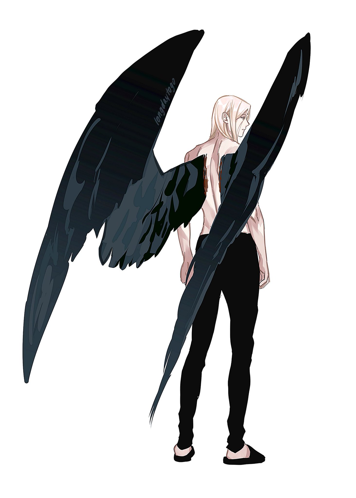 the image is a digital illustration or artwork depicting a male angel from a back view. the angel possesses large, dark, almost ravenlike wings.  his hair is long and blonde, and he's wearing simple dark clothing (black pants). the style is reminiscent of anime or manga art, featuring a slender figure and clean lines. the background is plain white, emphasizing the figure and wings. the overall mood is dark and mysterious.
