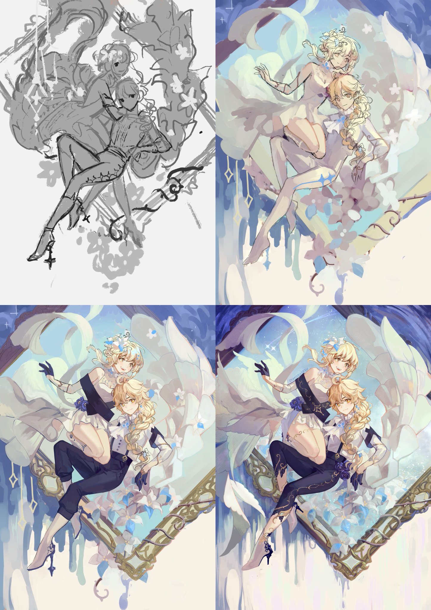 this image shows the progress of an anime digital painting.  the first step shows the sketch of two girls floating in a frame. the second image is a rough color sketch with the details of the girls and the background in the frame. the third image shows the final result of the digital painting,  which shows two anime girls with blonde hair floating inside a frame. the girls are wearing dresses and floating against a blue and white background with flowers. the girls are holding hands and appear to be magical girls. the drawing is very detailed and colorful, with a soft and dreamlike feel.