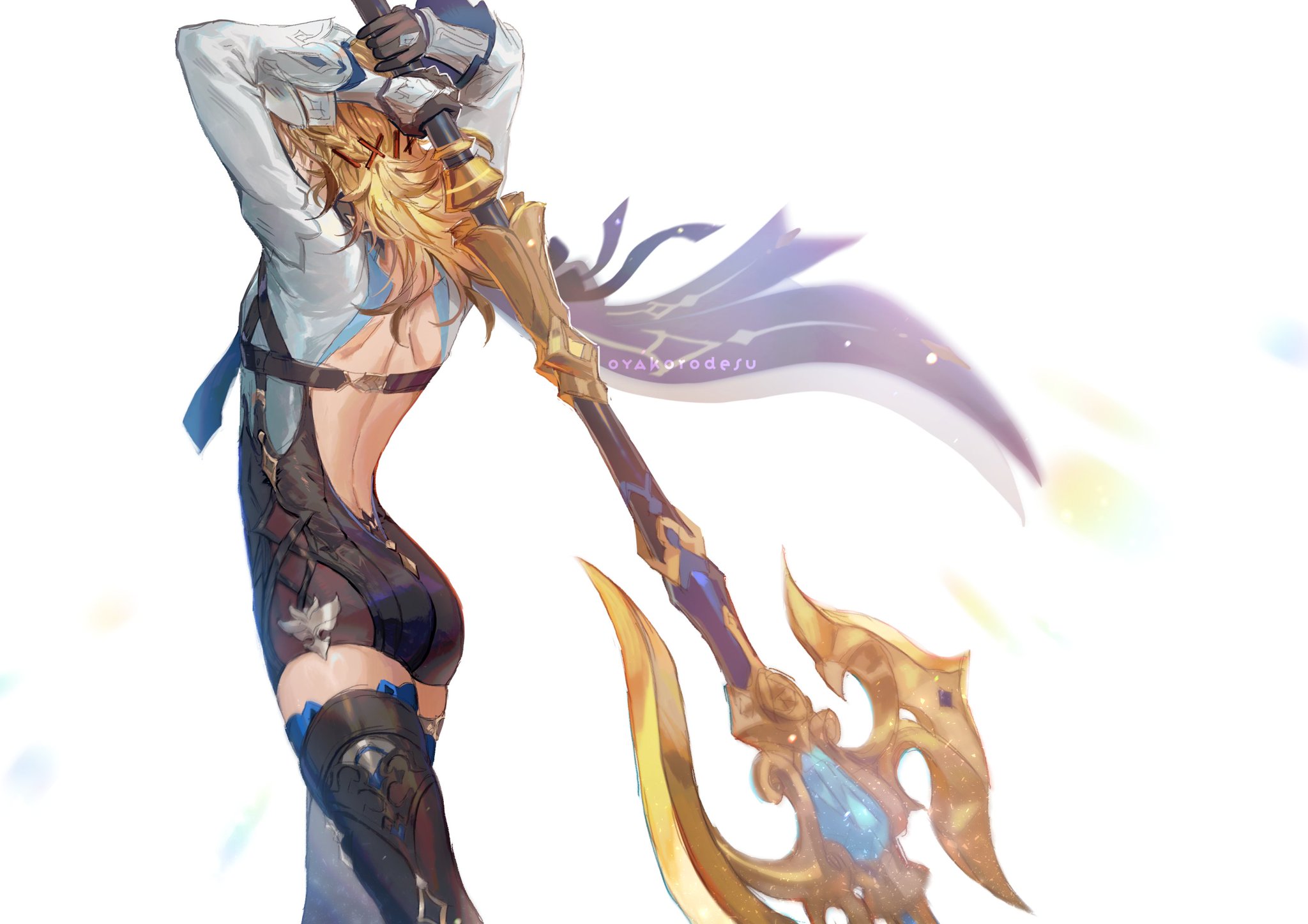 a digital illustration of a female anime character with blonde hair wearing a white and blue outfit, holding a gold and blue ornate weapon. she is standing with her back to the viewer, looking away from the camera. the character is in a dynamic pose, as if in the middle of an action sequence. the image has a bright, colorful background with light and sparkles.
