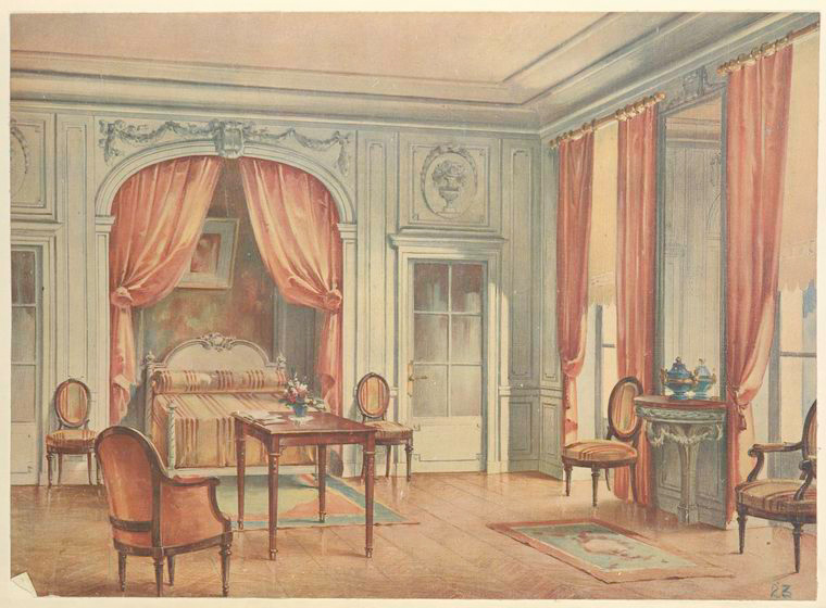 an illustration depicts an ornate bedroom interior with lightcolored walls featuring decorative molding and recessed panels. a large arched opening draped with peachcolored curtains frames a bed with a headboard that matches the room's decor. a painting hangs above the bed. a dark wood table sits in front of the bed, adorned with a floral arrangement. two chairs flank the table. to the right, windows are draped with similar peach curtains. a small table holds two decorative vases, and additional chairs are scattered throughout the room. two area rugs lay on the wooden floor. a doorway is visible on the left side of the room.