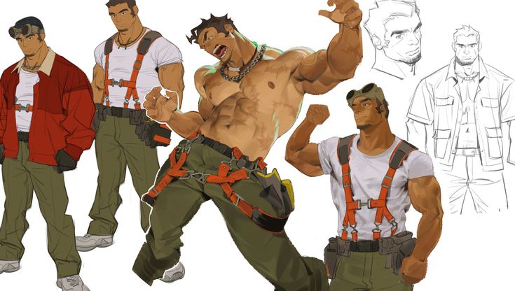 the image showcases several digital illustrations of muscular men, seemingly concept art for a video game or similar project.  the style blends elements of anime and manga with a realistic approach to musculature.  the central figure is a shirtless, powerfully built man in work attire, striking a dynamic pose. several other men are depicted in different outfits (work attire), and poses – some fully rendered in color and others as sketches or line art.  the color palette is primarily muted earth tones with pops of orange from the harnesses and one red jacket. the overall style suggests a focus on strong, masculine characters.