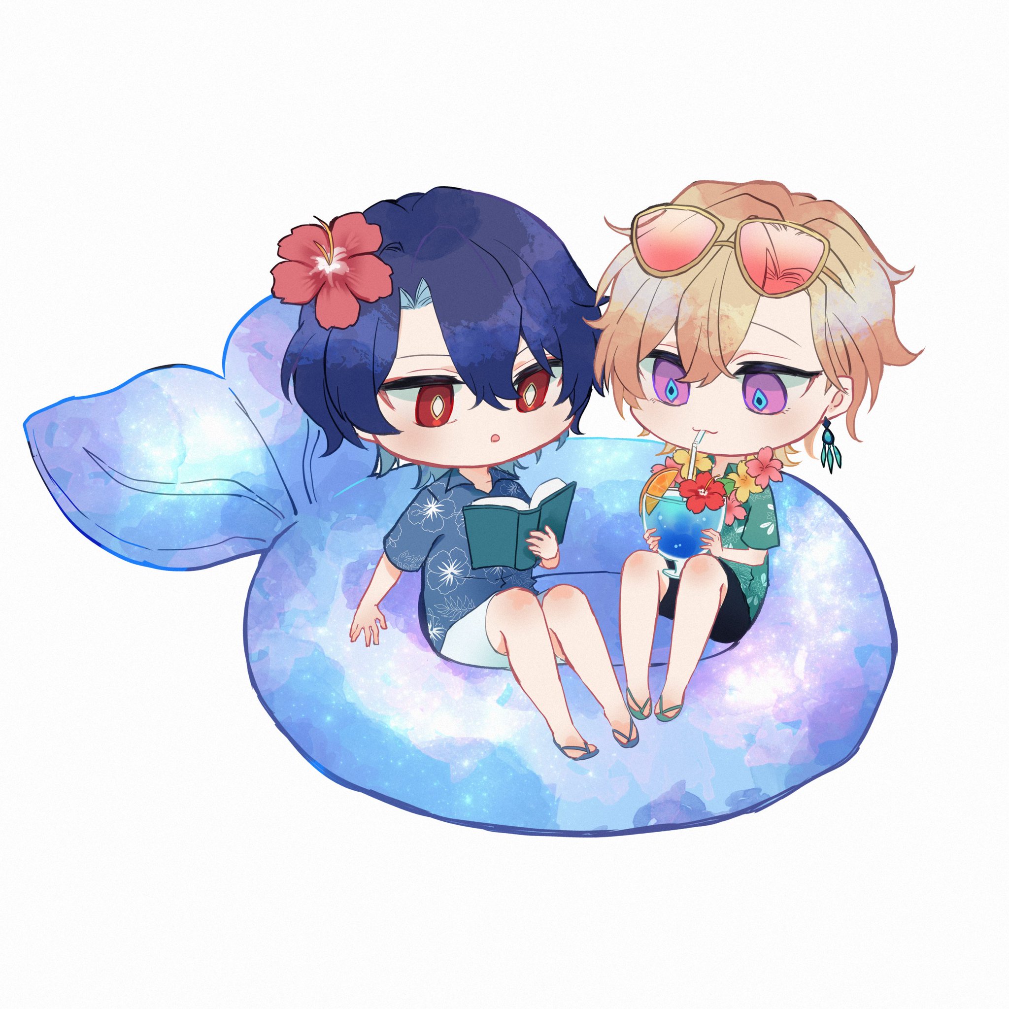 two anime boys are sitting on a blue inflatable ring with a galaxy pattern. the boy on the left is reading a book while the boy on the right is drinking a tropical drink with a straw. they are both wearing summer clothes and sunglasses. the boy on the left has blue hair and the boy on the right has yellow hair. the background is white.