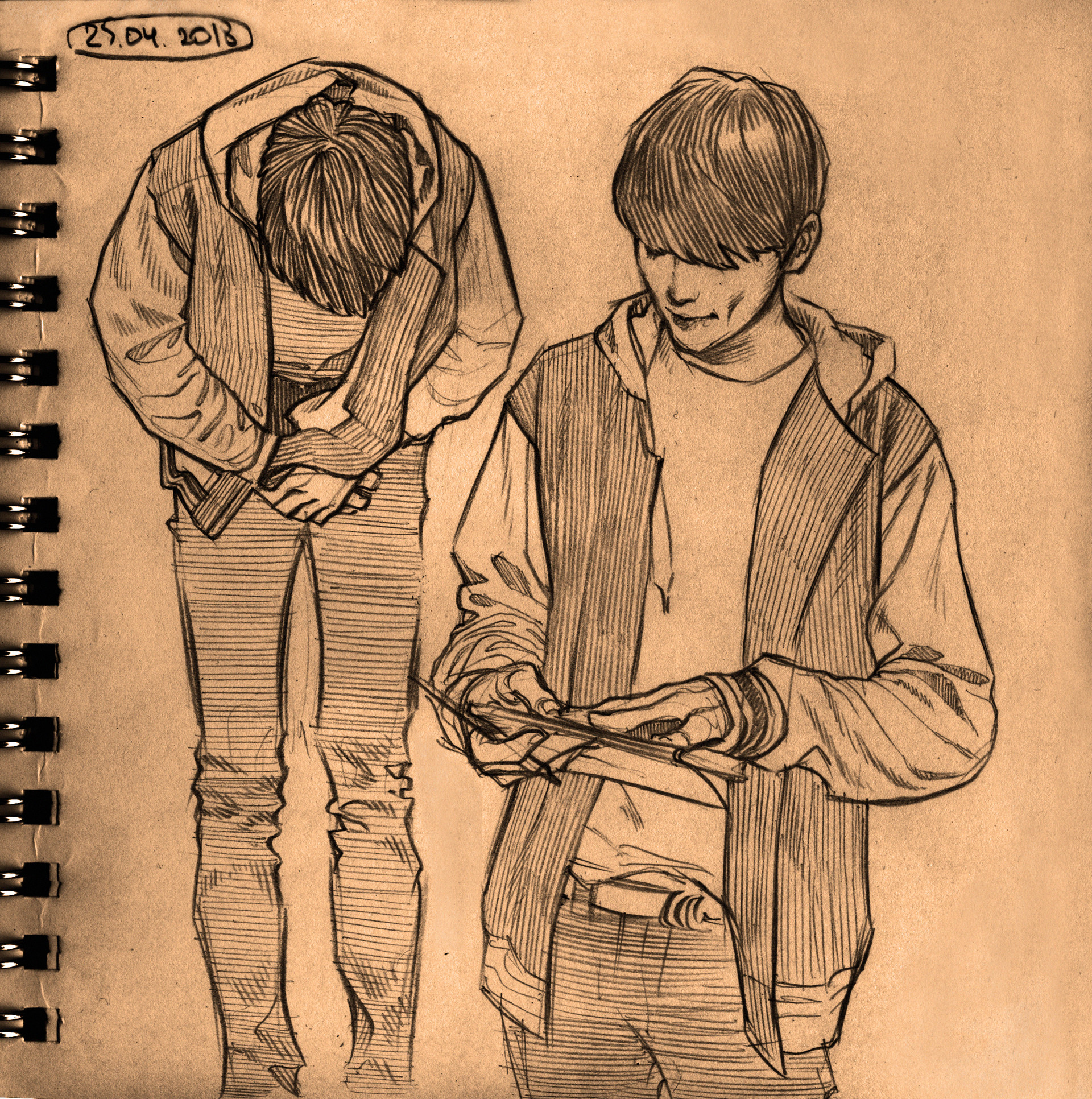 this is an illustration of two boys. one boy is looking down and bowing. the other boy is looking at his phone while smiling.