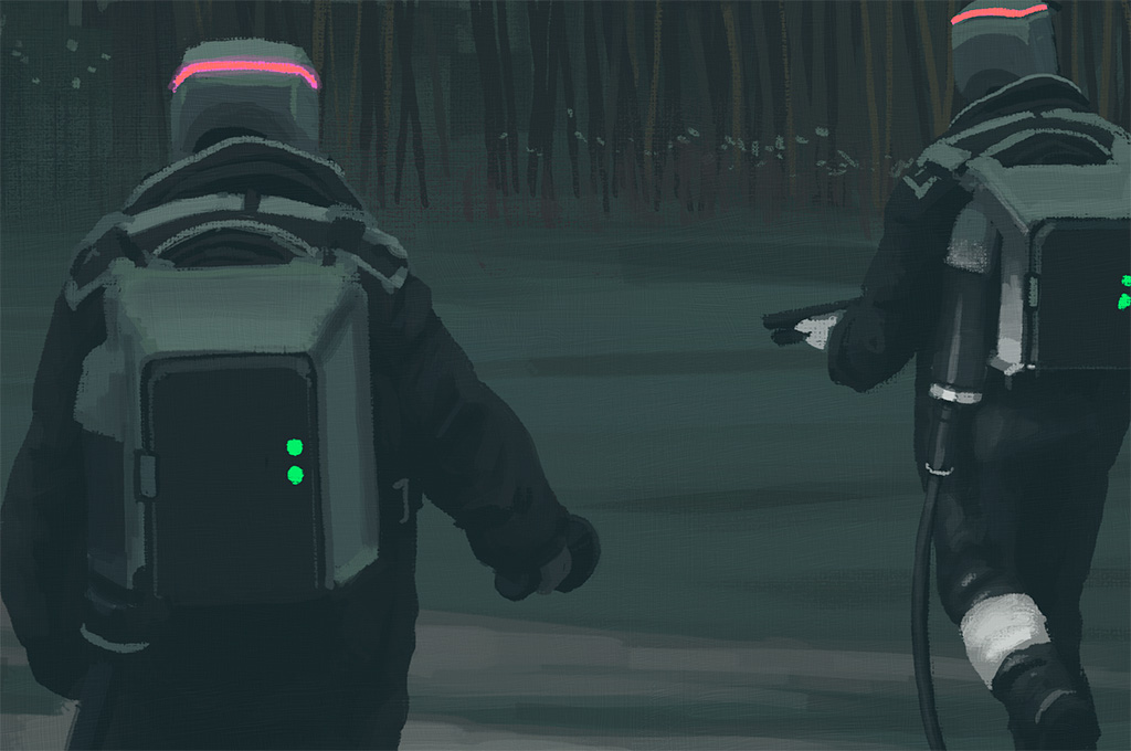two figures,  dressed in dark, futuristic uniforms and carrying backpacks with glowing green lights, move cautiously through a dark and shadowy forest. their helmets and attire suggest a dystopian or postapocalyptic setting. the scene is shrouded in mystery, leaving the viewer to wonder about their mission and the dangers that lie ahead.