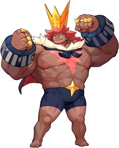 a cartoon drawing of a muscular man wearing a crown, a cape, and swim trunks. he is posing with his fists raised.