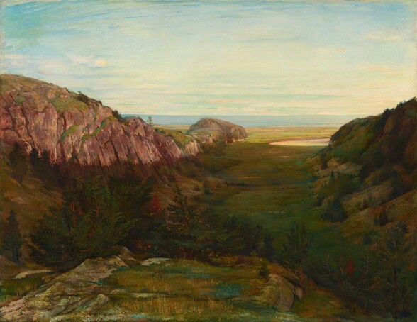 the painting depicts a wide valley between two large rocky mountains, with a forest of trees and grass covering the valley floor. the sky is light blue, with a few clouds visible. the sunlight casts shadows across the valley.