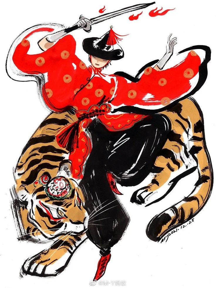 a black and gold tiger with a redclad warrior riding on it's back with a sword in hand. the warrior has black hair and is wearing a red robe with gold accents. the tiger has a  black and white striped coat. the warrior has a black hat with gold accents and red sash around his waist. the drawing style is ink and water color. the background is white.