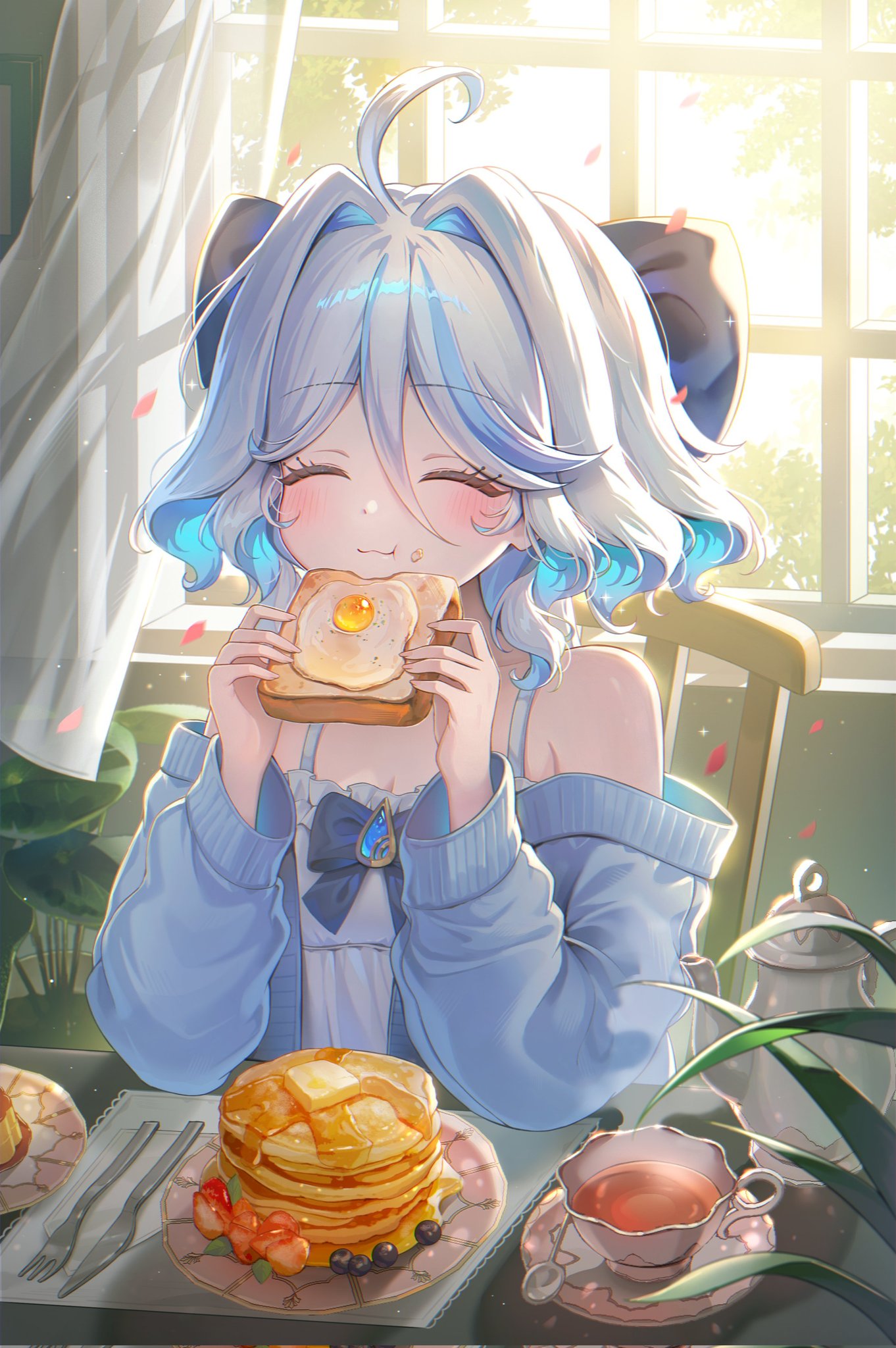 an animestyle image featuring a cute girl with blue hair and rosy cheeks enjoying a breakfast spread. she is holding a piece of toast with an egg on it, with a stack of pancakes adorned with strawberries and blueberries on the table in front of her. there is also a teacup and teapot on the table. sunlight streams in through a window behind her, and a plant is visible in the foreground. the overall tone is cheerful and inviting.