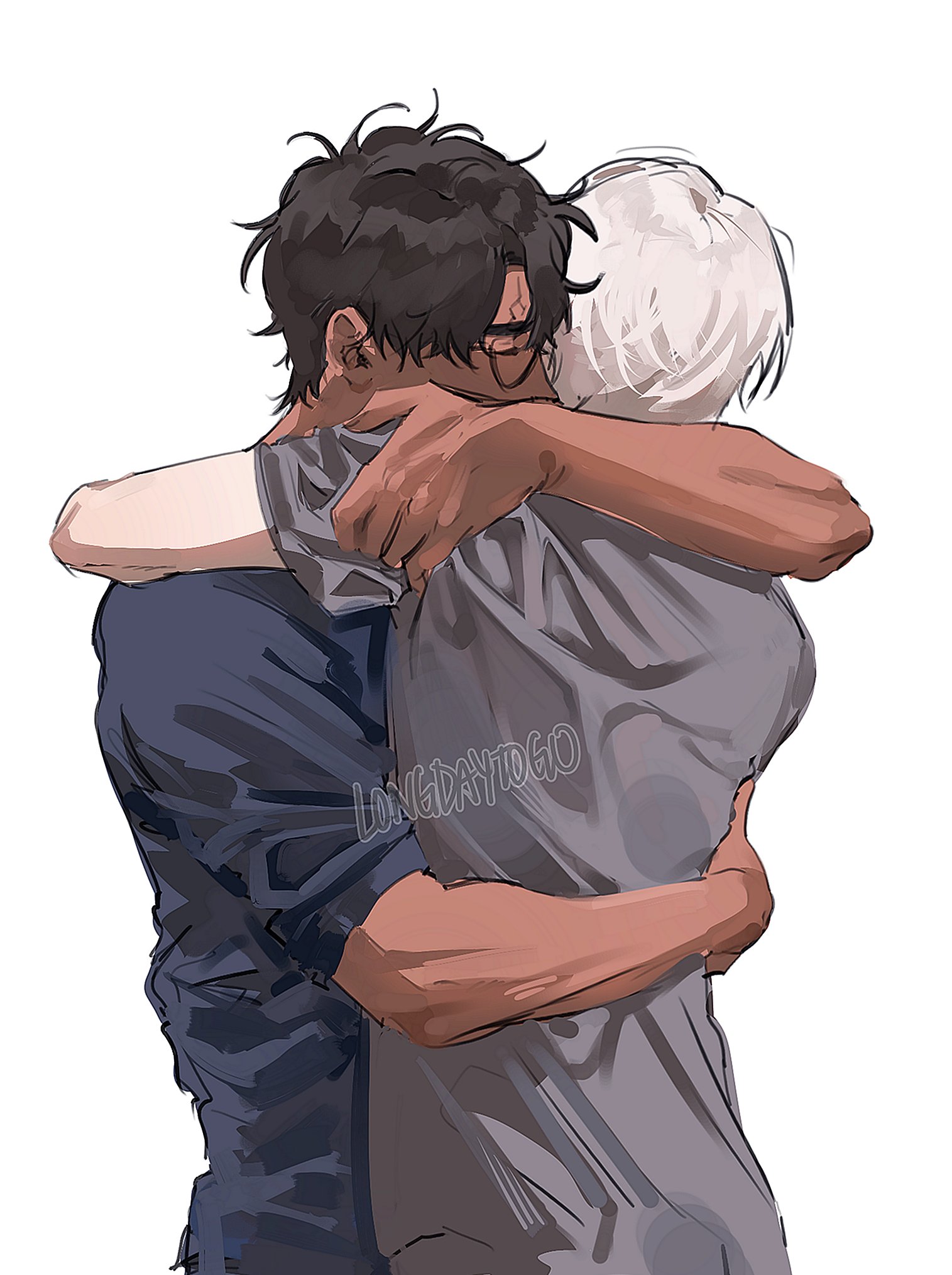 the image depicts a digital painting or illustration in an anime/manga style. two young men are shown in a close embrace. one has dark brown hair and glasses, wearing a dark blue shirt. the other has light, almost white hair and is wearing a light grey shirt. their hug is tight and suggests a deep emotional connection, possibly love or friendship.  the art style is loose and painterly, focusing on the emotional impact of the scene rather than sharp, defined lines. the background is simple, a white space emphasizing the characters' interaction. the artist's signature or watermark, "longdaytogo," is visible within the image.