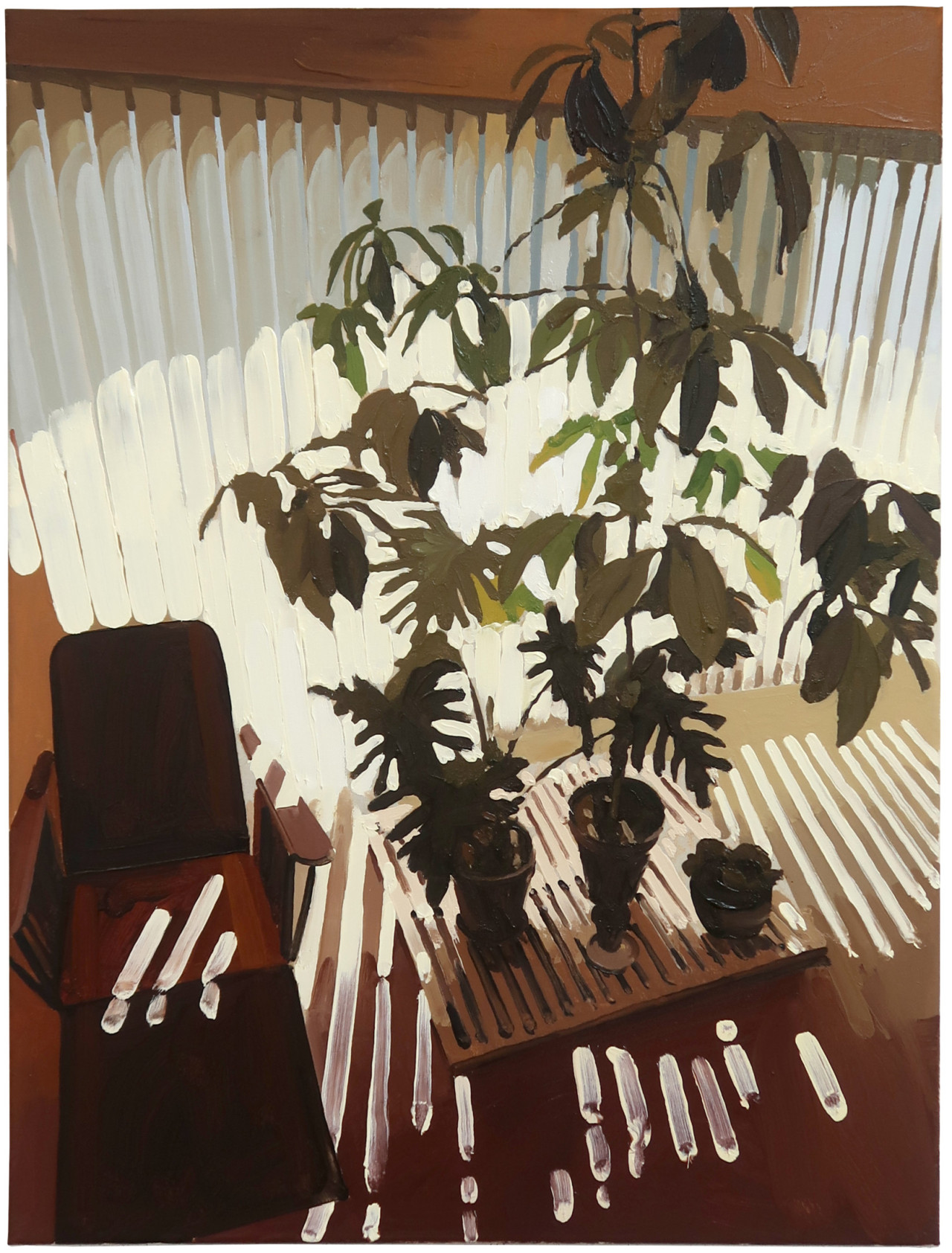 the image is a painting of a sunlit window with several plants. there's an avocado tree, the focal point of the image, with other smaller plants in pots. the plants are sitting on a slatted table.  sunlight streams through the window and casts shadows across the room. there's a chair in the left foreground.