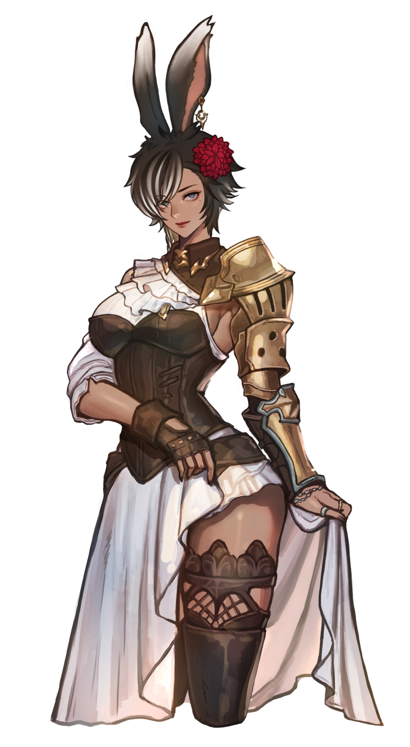 the image features a digital illustration of a female fantasy character.  she has dark hair with a white streak, dark skin, and brown bunny ears with one gold earring. she is wearing a white dress with a brown corset over it. her right arm is protected by goldcolored armor.  she is also wearing thighhigh boots with laceup details. the background is a plain white.