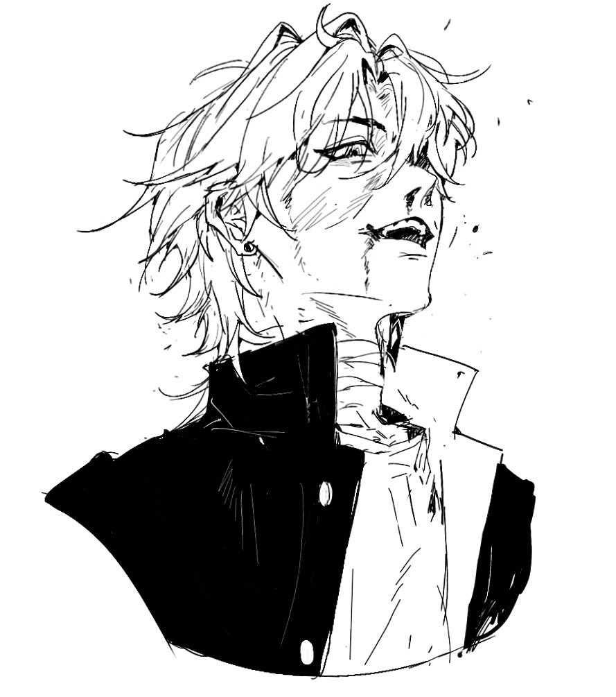 this is a black and white drawing of an anime character. the character is a young male with long, messy hair. his expression is fierce, with his eyes narrowed and his mouth slightly open. he is wearing a black jacket with a white shirt underneath. the drawing is done in a dark, cool style with a lot of detail.