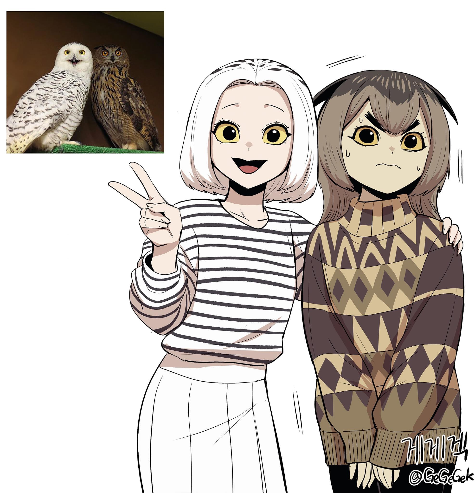 he image is a digital drawing of two anime girls.  one girl has short, blonde hair and is wearing a horizontally striped longsleeved shirt and a white pleated skirt. she is making a peace sign with her hand.  the other girl has brown hair and is wearing a patterned brown sweater. they are standing close together, and the girl in the striped shirt has her arm around the girl in the sweater. in the upper left corner of the image is a photograph of two owls, a snowy owl and an eagle owl; the anime girls are stylized representations of these owls. the artist's signature, "@gegegek," is visible in the lower right corner. the style is a blend of cute and slightly edgy anime aesthetics.