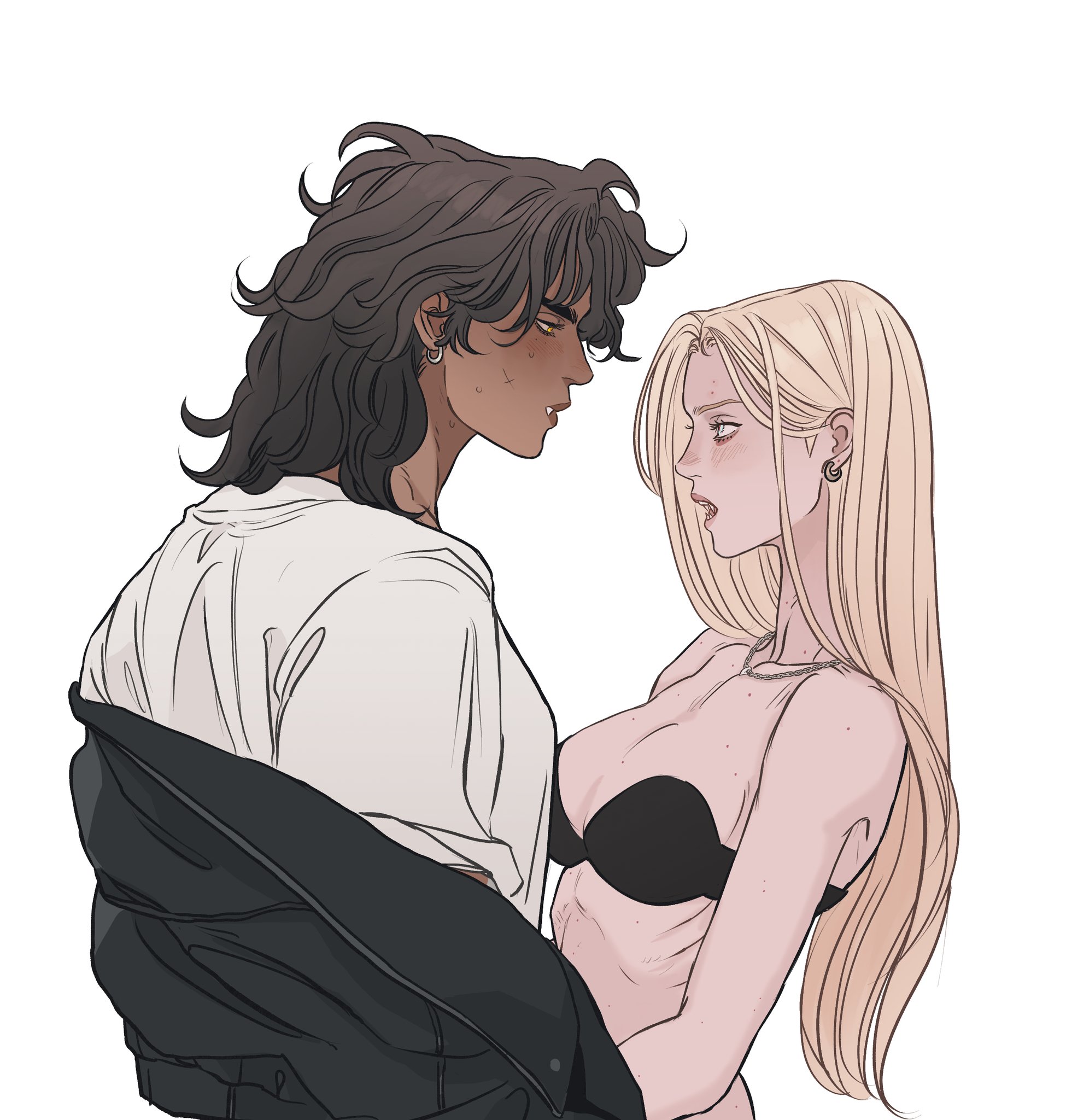 an illustration of a couple, a man with dark hair and a woman with blonde hair, in an intimate moment. the woman is wearing a black bra and the man is wearing a white shirt with a jacket draped over his shoulder. they are looking at each other with a romantic or loving gaze.