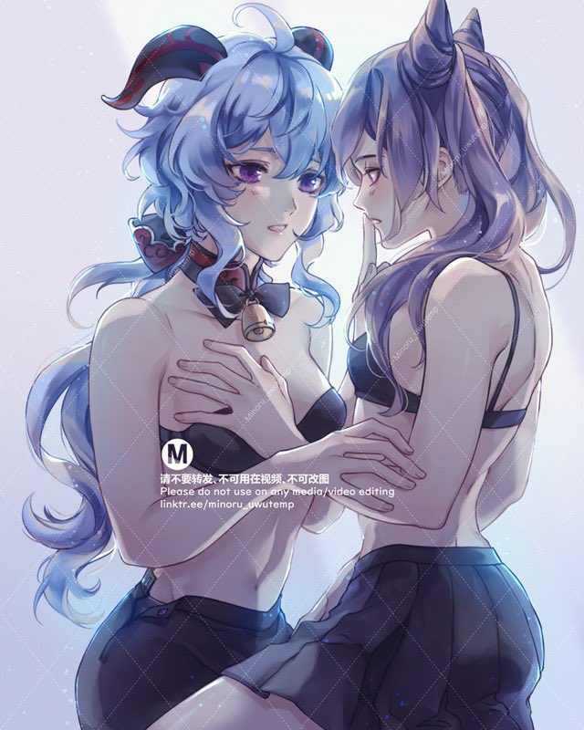 the image depicts two anime girls, one with blue hair and cat ears, and the other with purple hair and cat ears. they are dressed in revealing clothing, including black dresses with straps and a collar with a bell on the bluehaired girl. the bluehaired girl is hugging the purplehaired girl from behind, with her arms around her waist, while the purplehaired girl is leaning in towards the bluehaired girl, looking at her with a soft expression. the image is drawn in a soft, romantic style and is filled with a sense of affection and intimacy. the background is a simple white background, which helps to highlight the characters and their emotions. the image is an example of digital art and illustration, and it can be used to convey themes of love, romance, and the beauty of human connection.