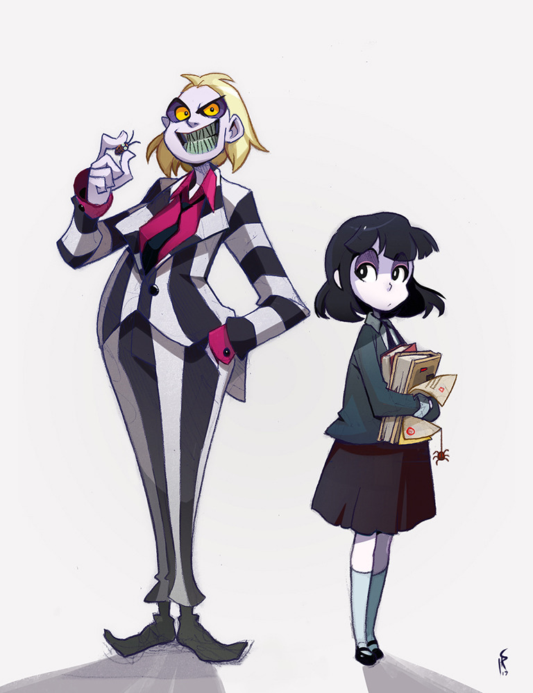 this illustration features beetlejuice and lydia deetz from the movie beetlejuice. beetlejuice is depicted in his iconic black and white striped suit, with his signature wild hair and mischievous grin. he's holding a small spider in his hand. lydia stands beside him, portrayed in her usual gothic attire – a black dress, white collar, and dark bob haircut. she's holding a stack of books and has a spider dangling from one of them. the art style is reminiscent of modern cartoons with exaggerated features and expressive poses.