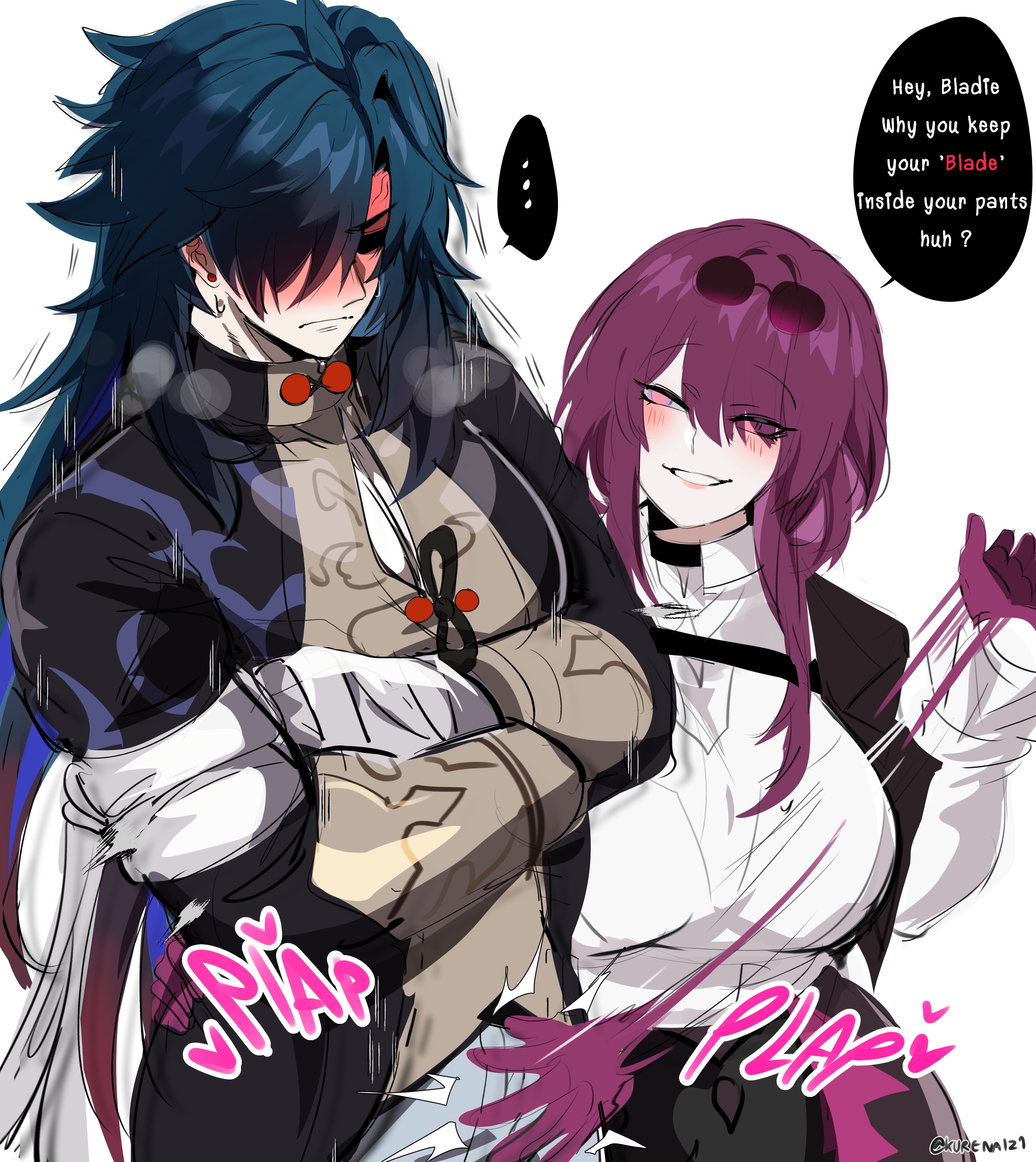 the image is of two anime characters, a man and a woman, who are engaging in playful banter. the man, with black hair and a red ribbon, is blushing and holding his