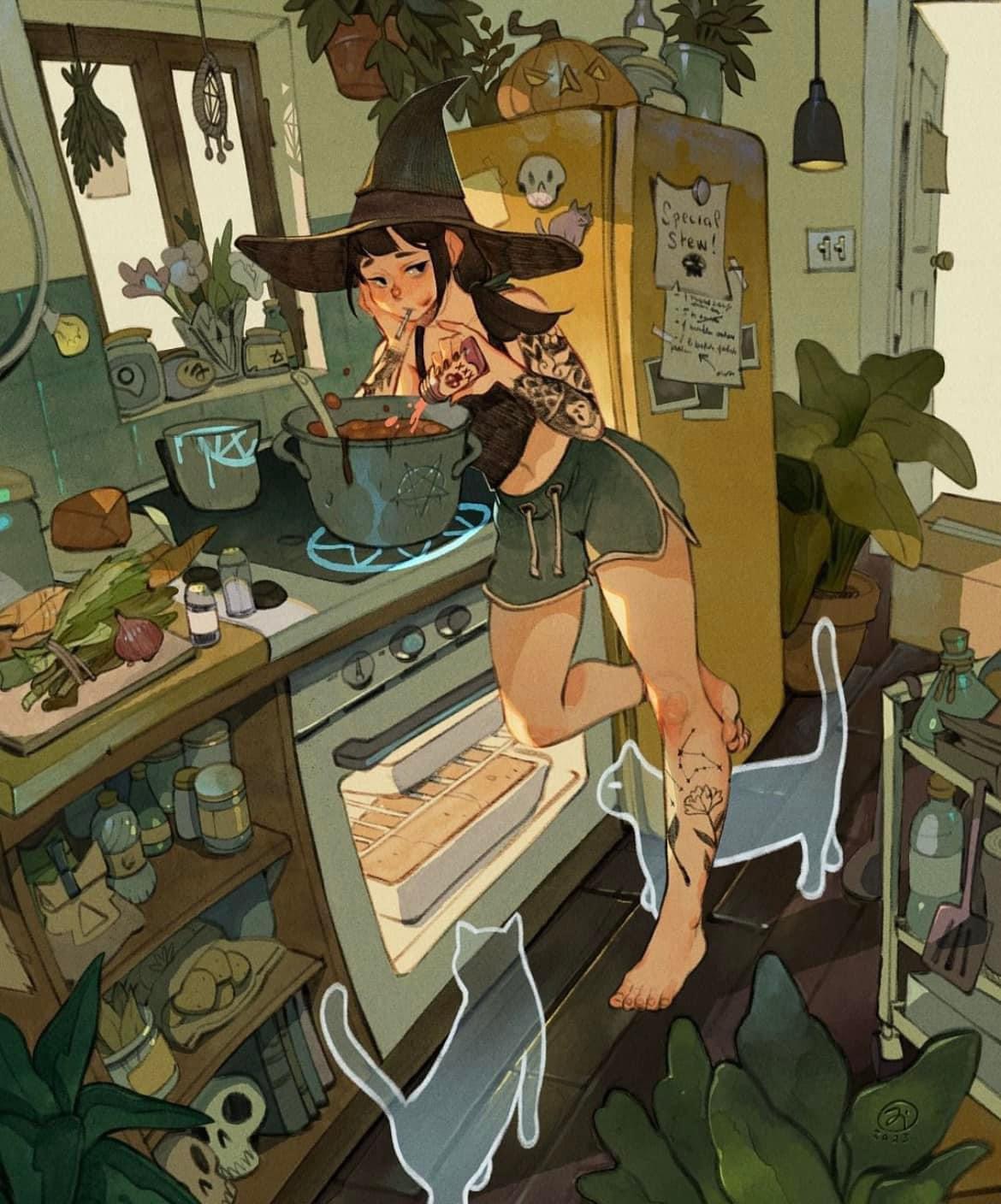 the image features a witch in a kitchen setting, preparing a potion. she is wearing a witch hat, a black top, and shorts. she is stirring the potion in a cauldron, with a cat sitting on the counter beside her. there is also another cat lying on the floor, with an oven in the background. the kitchen is decorated with magical and whimsical elements, such as potion bottles and a sign reading "special brew!". the scene is full of detail and color, and it evokes a sense of magic and wonder.