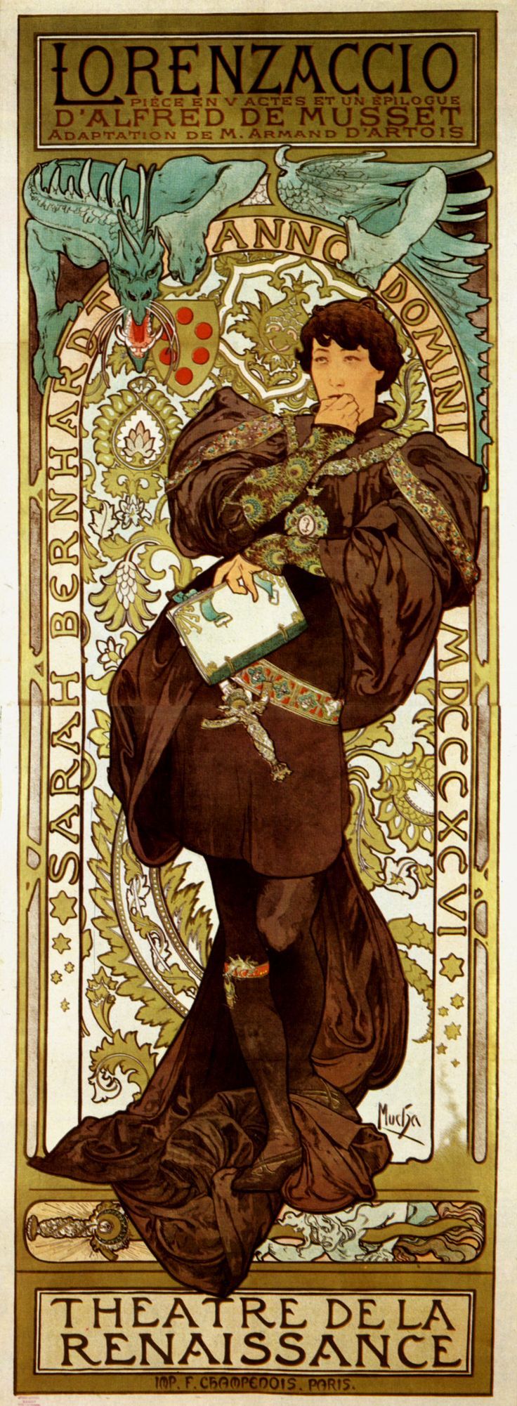 a vintage art nouveau poster by alphonse mucha, advertising the play "lorenzaccio" starring sarah bernhardt. the poster features an image of bernhardt in character, dressed in a renaissanceera costume. a dragon is in the background and the text reads "lorenzaccio" at the top, "sarah bernhardt" along the left side, and "théâtre de la renaissance" at the bottom. the style is characteristic of mucha's art nouveau work, with ornate floral patterns, decorative borders, and elegant typography.