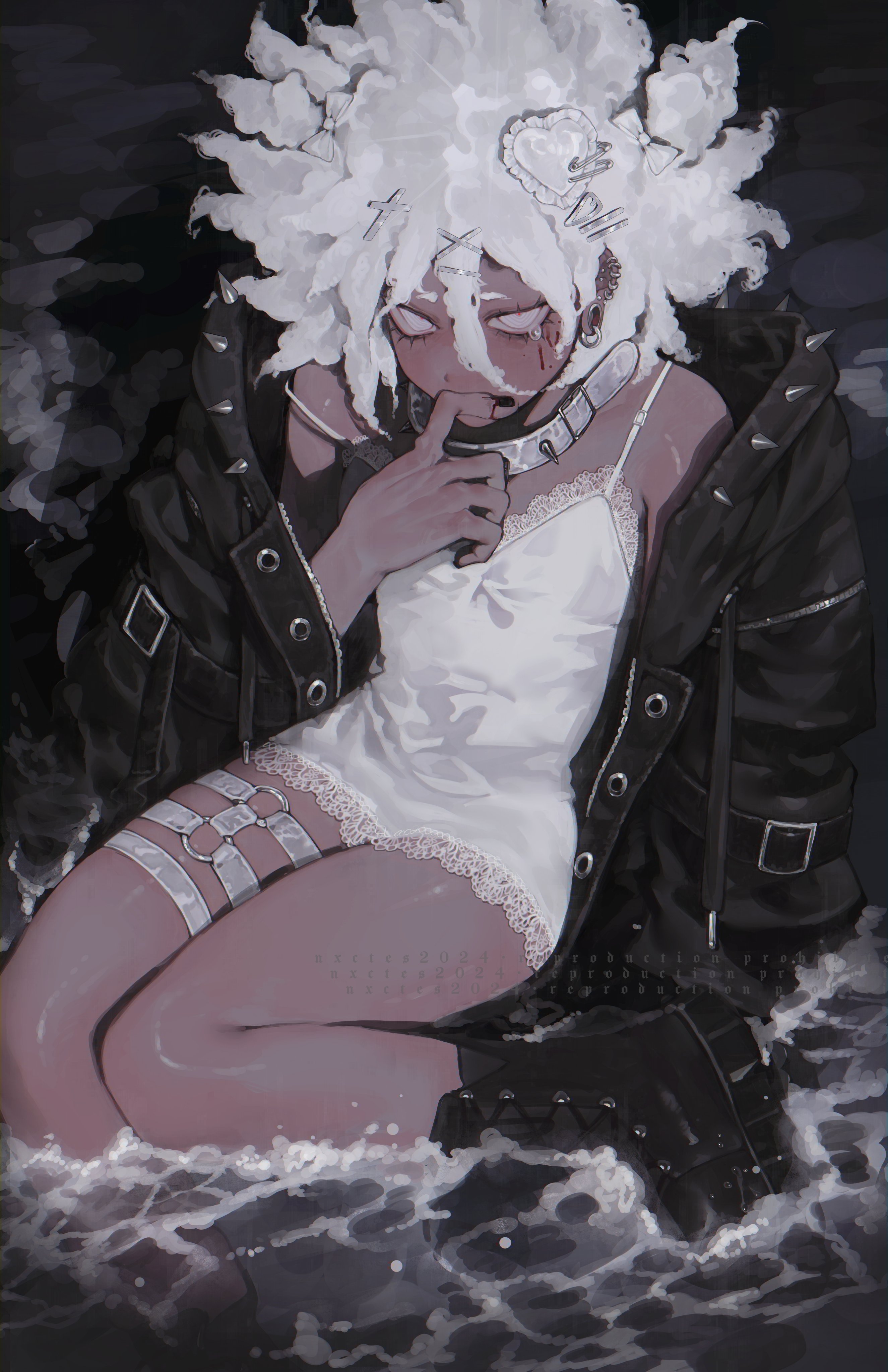 he image showcases an animestyle illustration of a young girl with voluminous white hair. she is dressed in a white slip dress, adorned with delicate lace, layered over a black studded jacket.  a garter belt and choker further enhance the gothic aesthetic.  her expression is somber, her finger to her lips, and a hint of blood is visible on her face. the setting appears dark and watery, with the girl seemingly submerged up to her waist.  the overall style is dark, mysterious, and edgy, with a focus on detailed textures and shading.