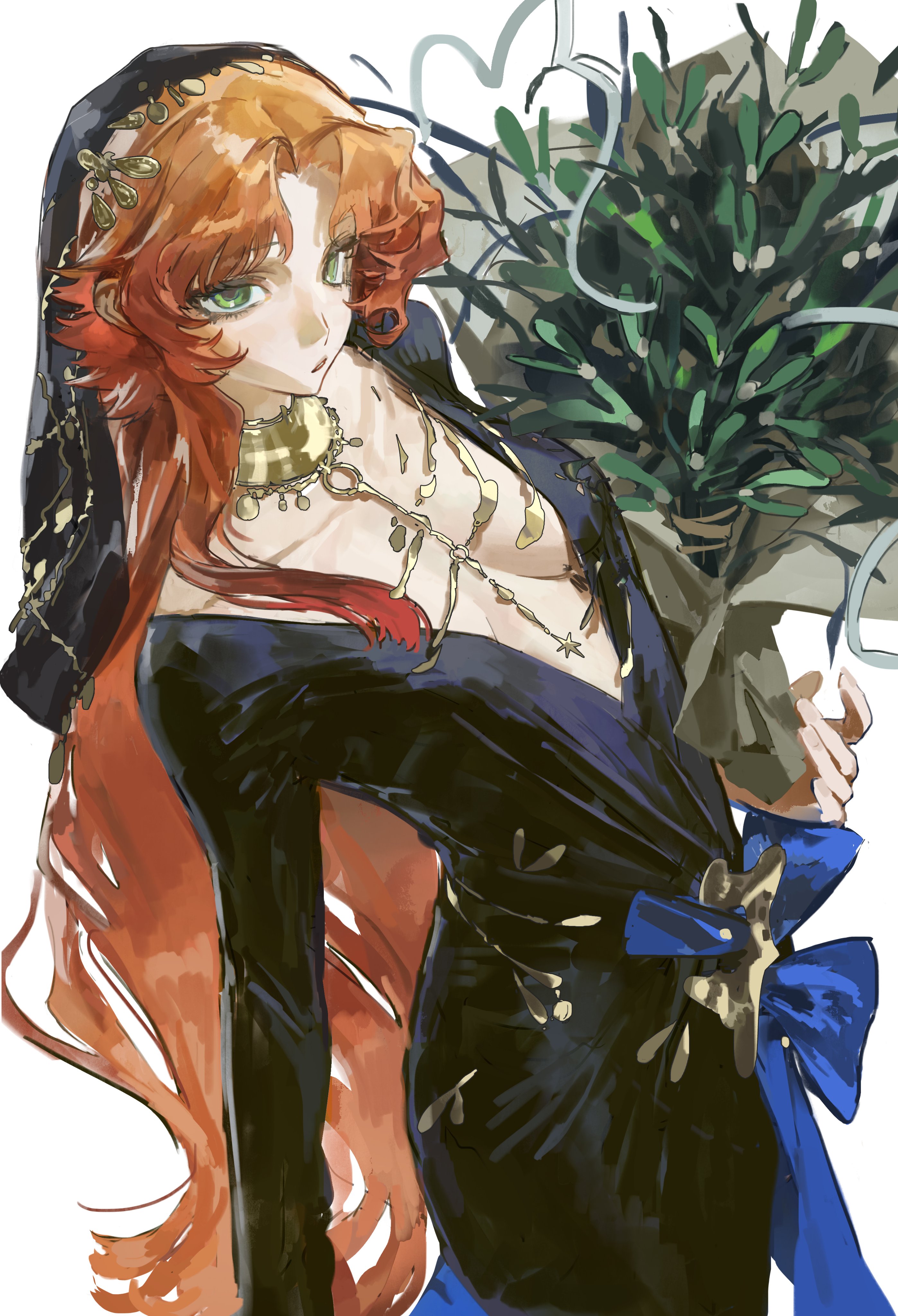 the image is a digital painting or illustration of an animestyle woman. she has long, flowing orange hair and is wearing a darkcolored, elegant dress adorned with gold jewelry. she's holding a bouquet of mistletoe, and a blue ribbon is tied around her waist. her expression is calm and somewhat serious. the art style is painterly and expressive, with visible brushstrokes. the overall atmosphere is mystical and sophisticated.