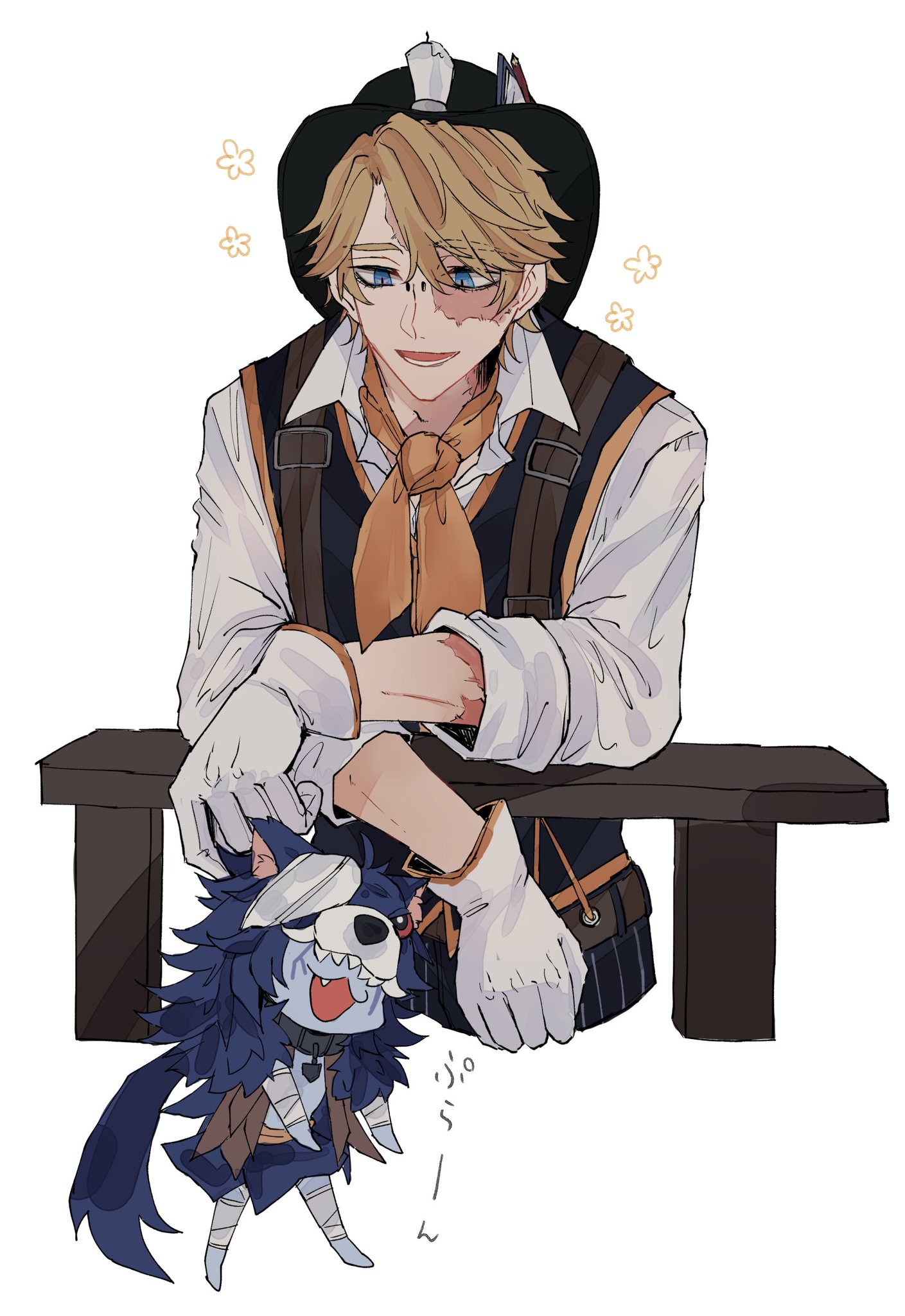 the image depicts a cartoon man wearing a cowboy hat sitting on a bench. the man is looking at the viewer, smiling.  the man is wearing a white shirt, vest, and gloves. he has blond hair and blue eyes. he is holding a blue wolf plush toy in his hands.  the plush toy is smiling, and it has a bandage over one of its eyes. the background is white with yellow flowers.