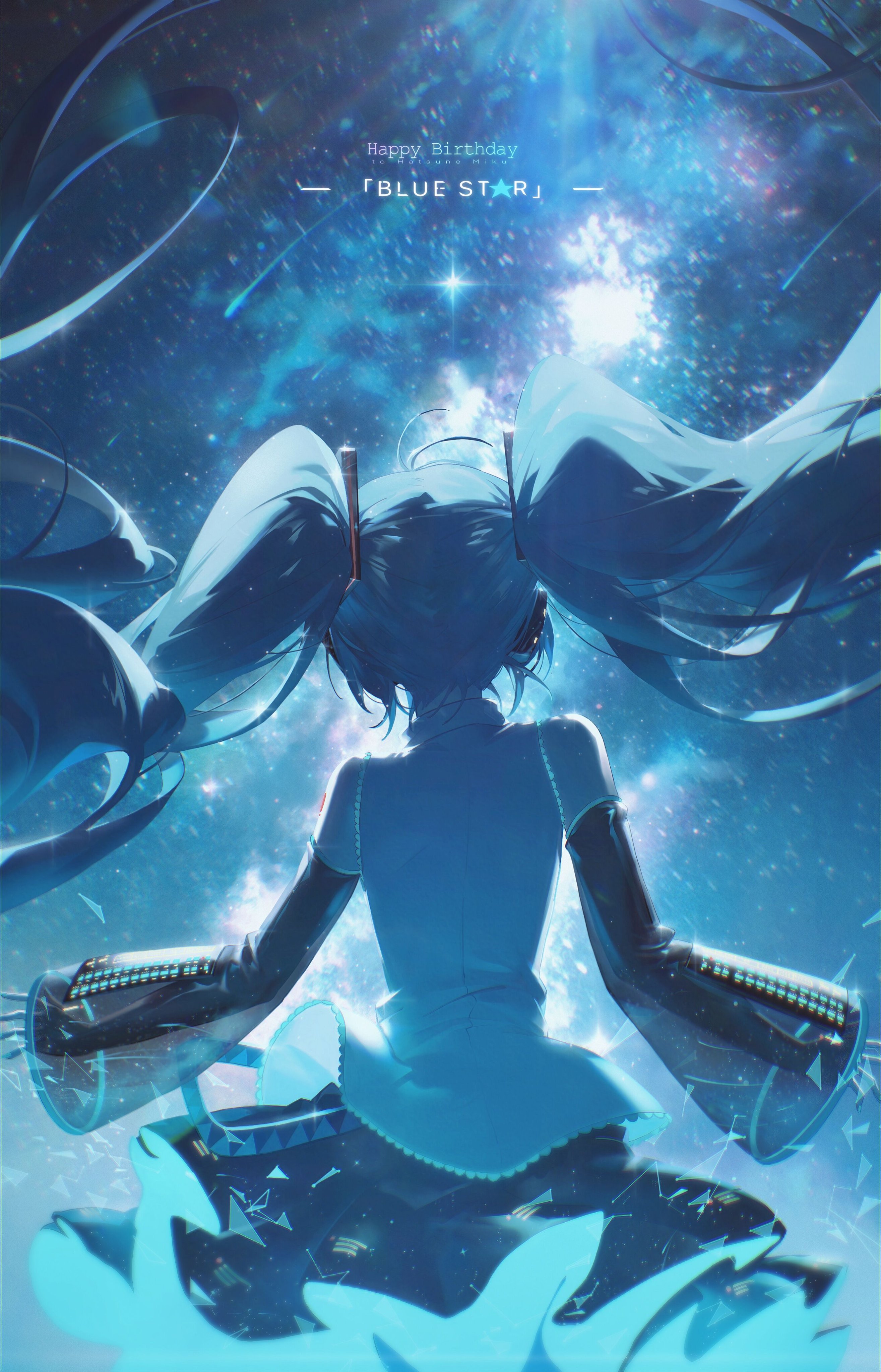 a stunning digital illustration of hatsune miku, a popular japanese virtual singer, celebrating her birthday.  she is depicted from the back, standing in a cosmic setting with a swirling nebula of blue and white stars behind her. miku's long, flowing twintails blend with the cosmic dust, and her outfit is a stylized blue dress with dark accents. the text "happy birthday |blue star|" is subtly placed in the upper middle of the image, adding to the celebratory atmosphere. the overall style is ethereal and magical, emphasizing miku's fantastical character and the celebration theme. the image is highly detailed and rich in color, showcasing the artist's impressive digital painting skills.