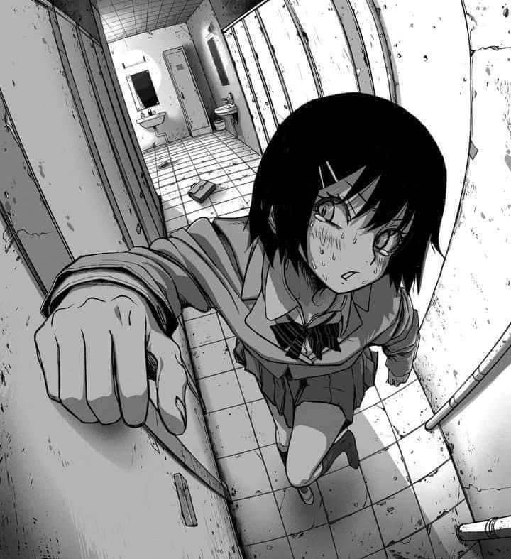 the image is a panel from a manga or anime, rendered in stark black and white.  the perspective is a dramatic lowangle shot, almost fisheye, looking up at a schoolgirl in a uniform. she appears distressed, sweating profusely, her expression one of fear or panic. she is running down a school hallway, which is depicted as a grimy, somewhat rundown bathroom area.  the overall mood is suspenseful and possibly horrortinged, conveying a sense of urgency and a potentially dangerous situation. the art style is sharp and detailed, emphasizing the girl's emotional state and the unsettling environment.