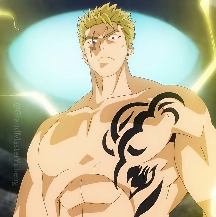 this is an anime illustration of a male character. he has short blond hair and a muscular build. he is wearing a tattoo on his chest, in a tribal pattern. he has a serious expression, and appears to be ready for battle. he may be a protagonist in a fantasy or magical story, and he is a warrior. he is powerful and determined, and he will not give up.